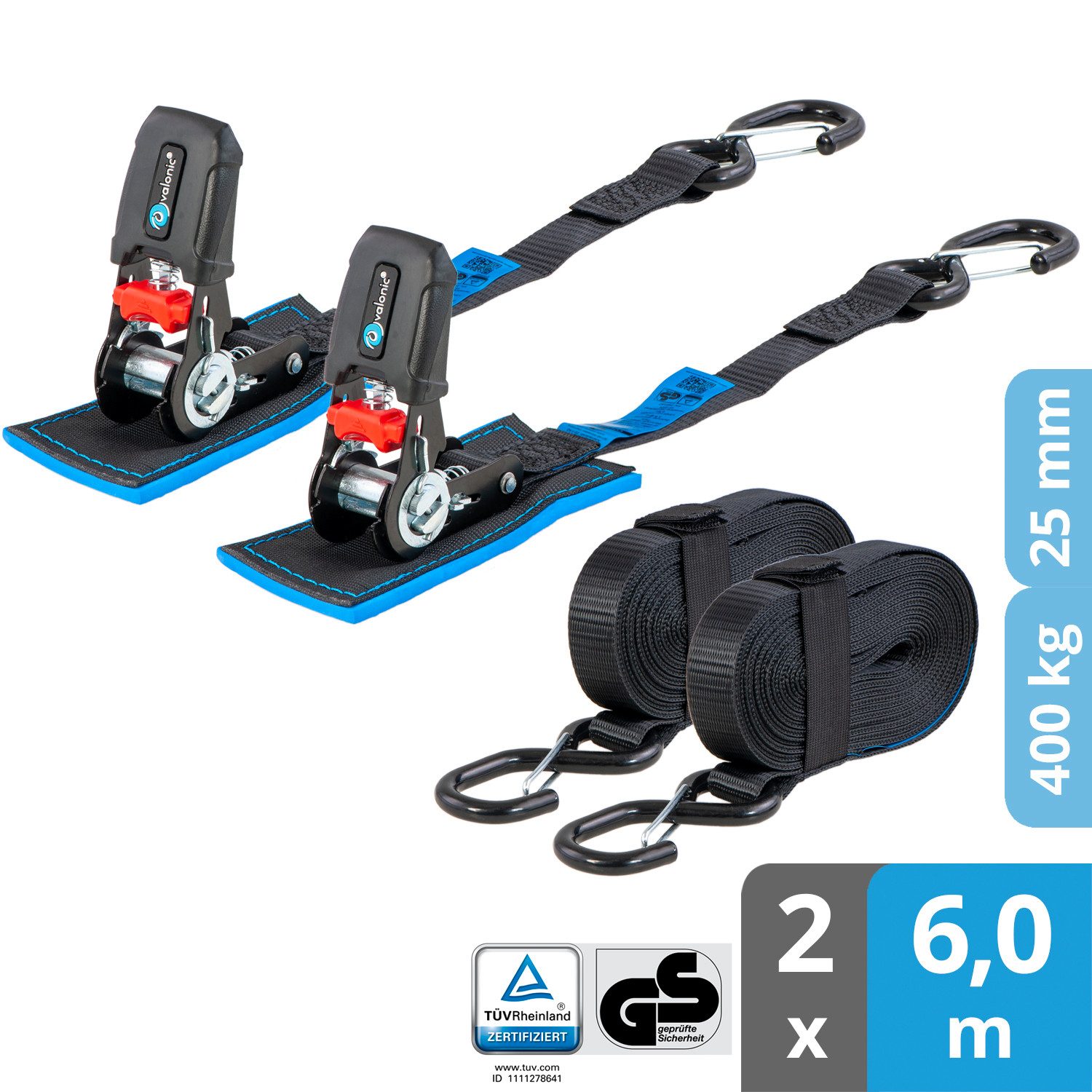 valonic Spanngurt Spanngurte Ratsche mit Haken SG-012 (2 Stück) - COUGAR !#Vater (2er Set, 2 Stück Ratschenspanngurt mit Haken 6m) Ratschengurt für SUP Board oder Kajak, Anhänger, Motorrad Transport