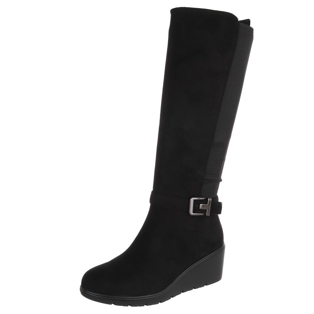 Ital-Design Damen kniehoher Stiefel mit Keilabsatz und Stretchband Keilstiefel (92125573) Keilabsatz/Wedge Stiefel in Schwarz