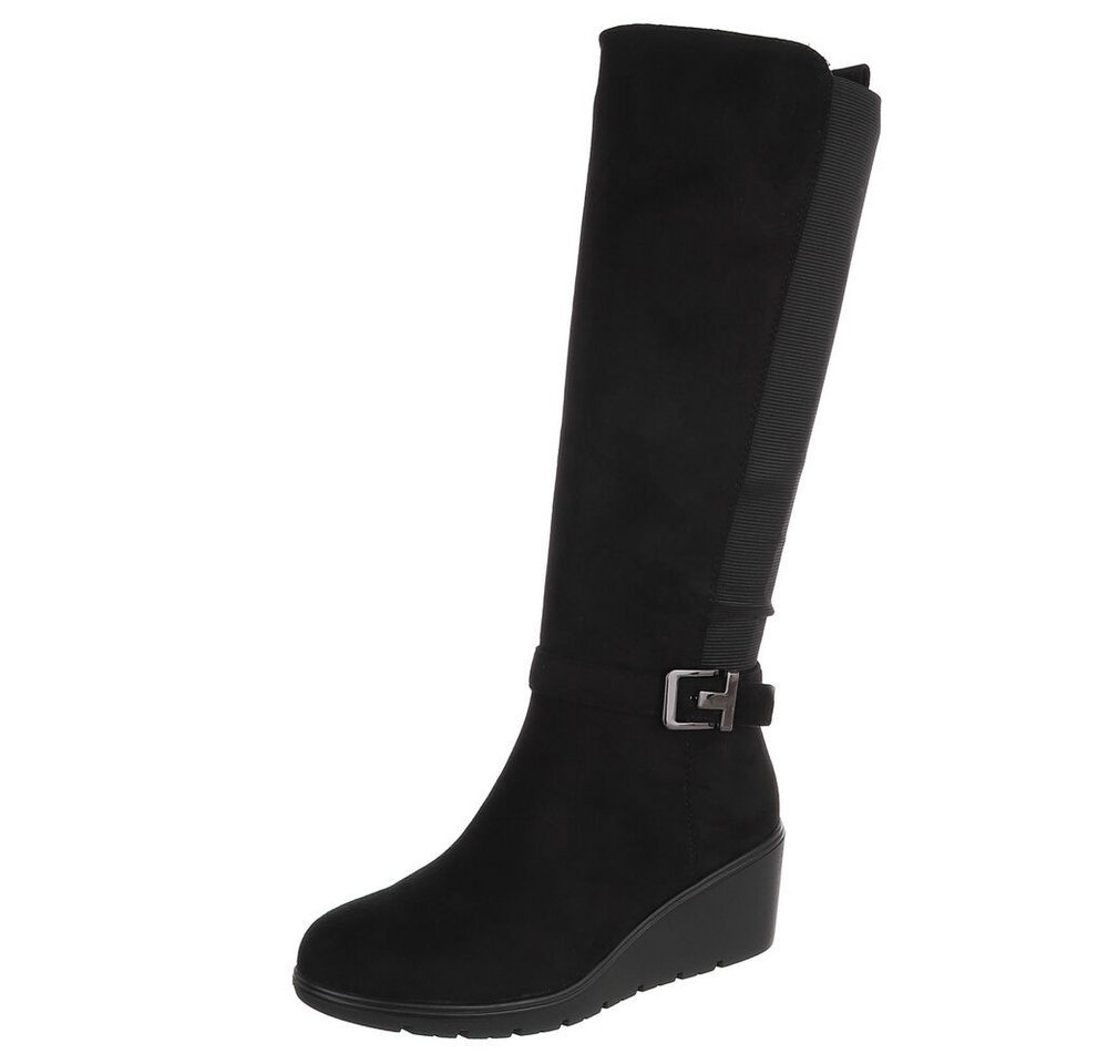 Ital-Design Damen kniehoher Stiefel mit Keilabsatz und Stretchband Keilstiefel (92125570) Keilabsatz/Wedge Stiefel in Schwarz
