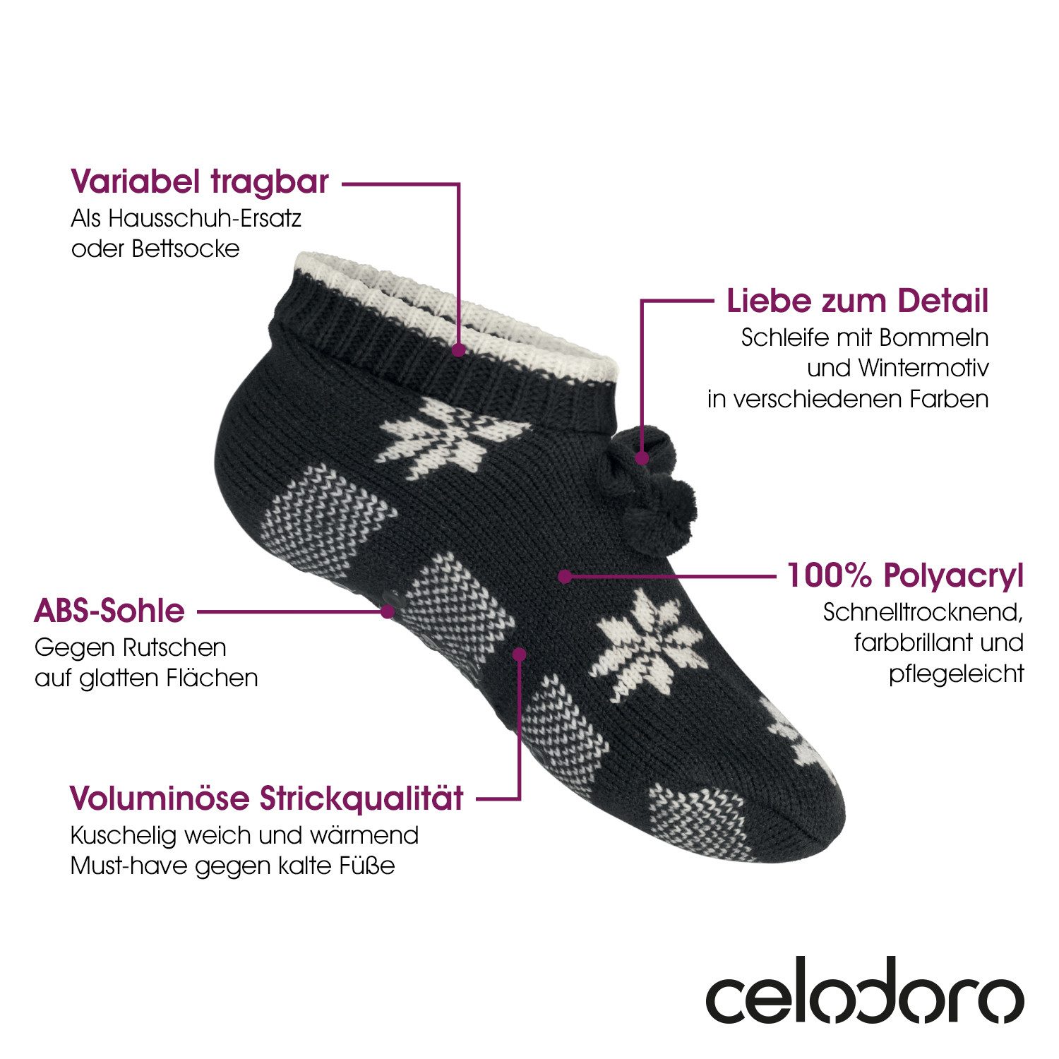 celodoro Haussocken Damen Norweger Strick Hüttensocken mit ABS-Sohle (1 Paar)