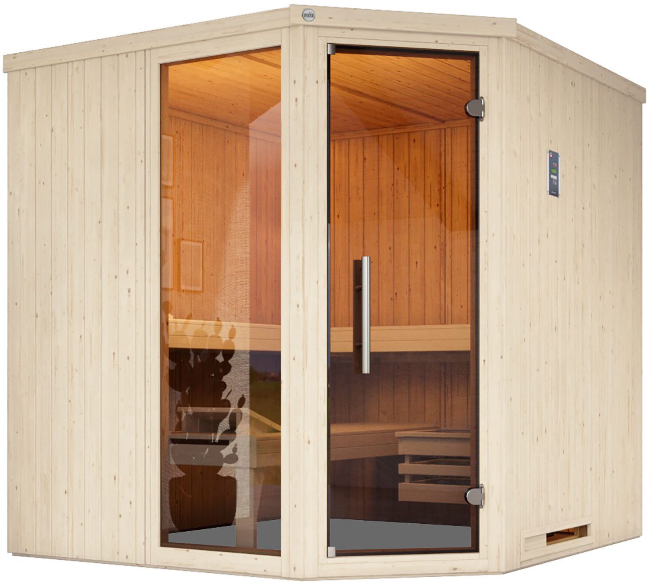 weka Sauna Element-Ecksauna VARBERG 3, BxTxH: 194 x 194 x 199 cm, 38 mm, vorgefertigte Elemente, moderne Ganzglastür, bodenl. Fensterelement