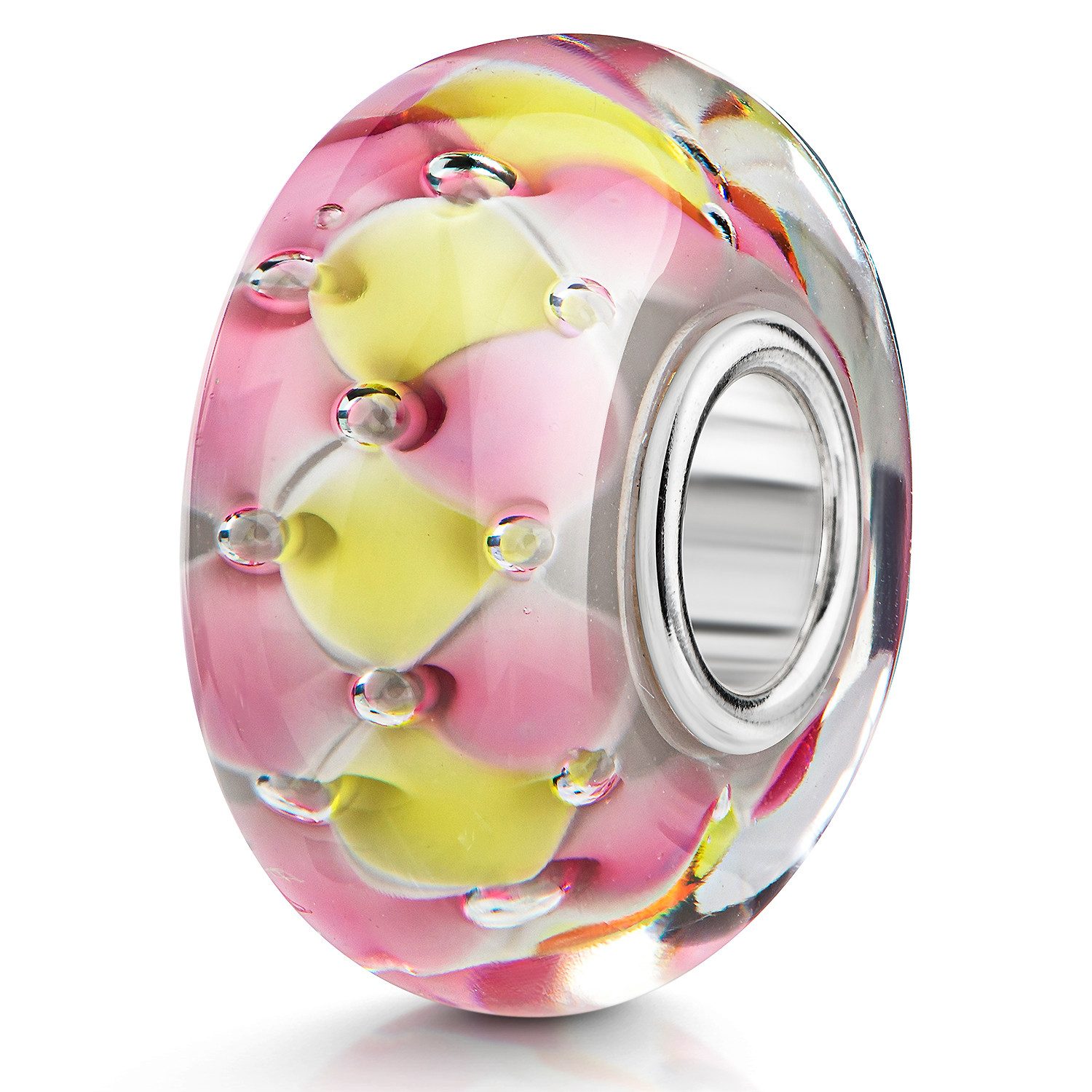Bead Glasperle Karomuster Rosa Gelb Luftbläschen Hülse 925 Silber 115