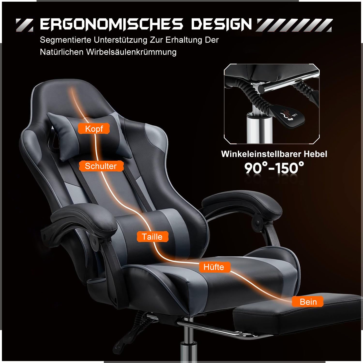 SURFOU Gaming Chair Stuhl PU-Leder Sessel Computerstuhl Computer Bürostuhl Office Chair (Racing Gamer Stuhl 113kg), Belastbarkeit 90-120°Rückenlehne Einstellbar Ergonomischer