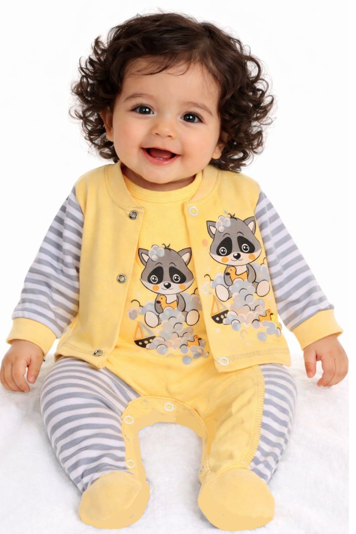 La Bortini Strampler Stramplerhose Hemdchen Set Baby Anzug in Gelb mit Waschbären gestreift aus reiner Baumwolle, 44 50 56 62 68 74 80