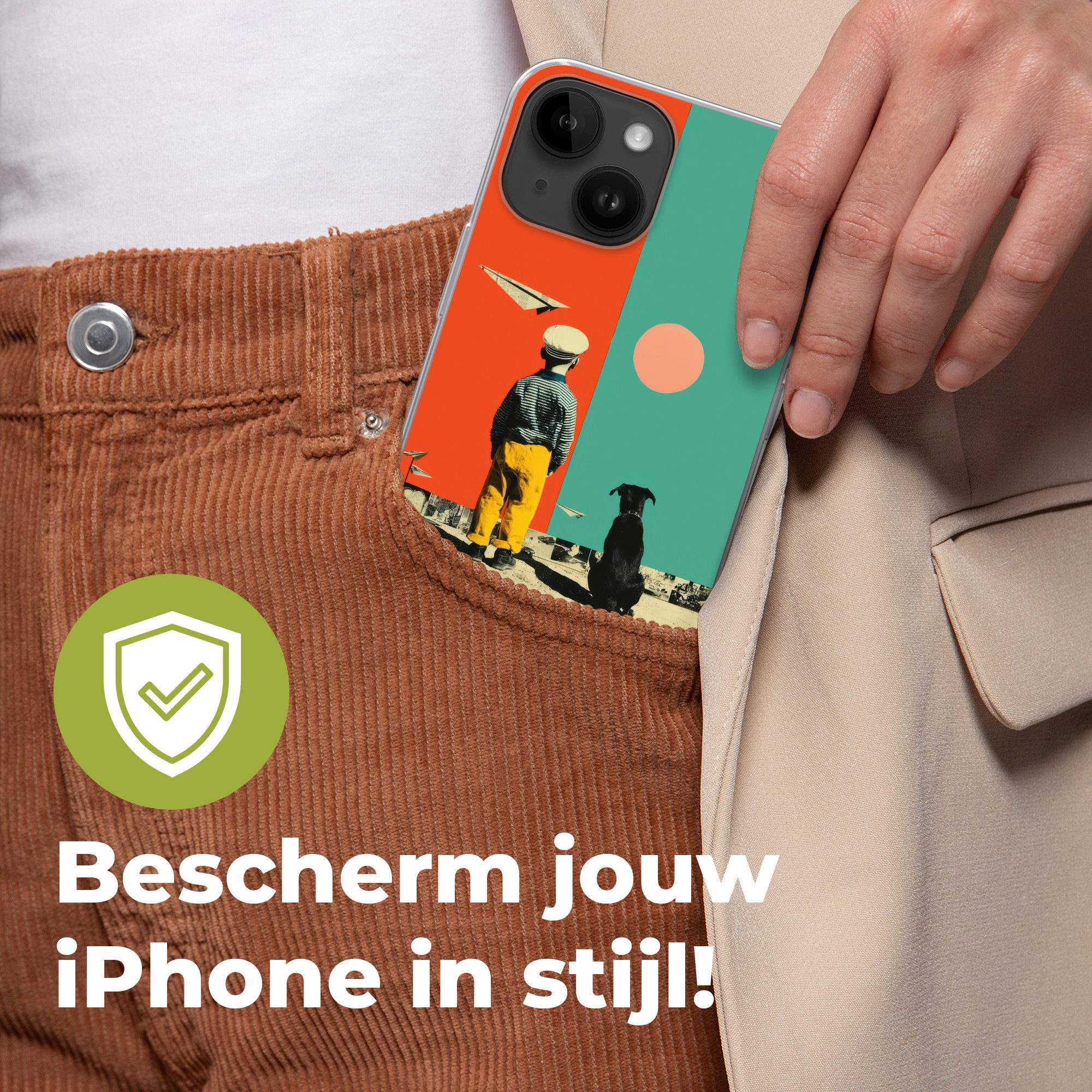 MuchoWow Handyhülle für Apple iPhone 14 Retro - Junge - Hund - Rot - Grün, Smartphone-Bumper, Print, Handy Schutzhülle Dünn