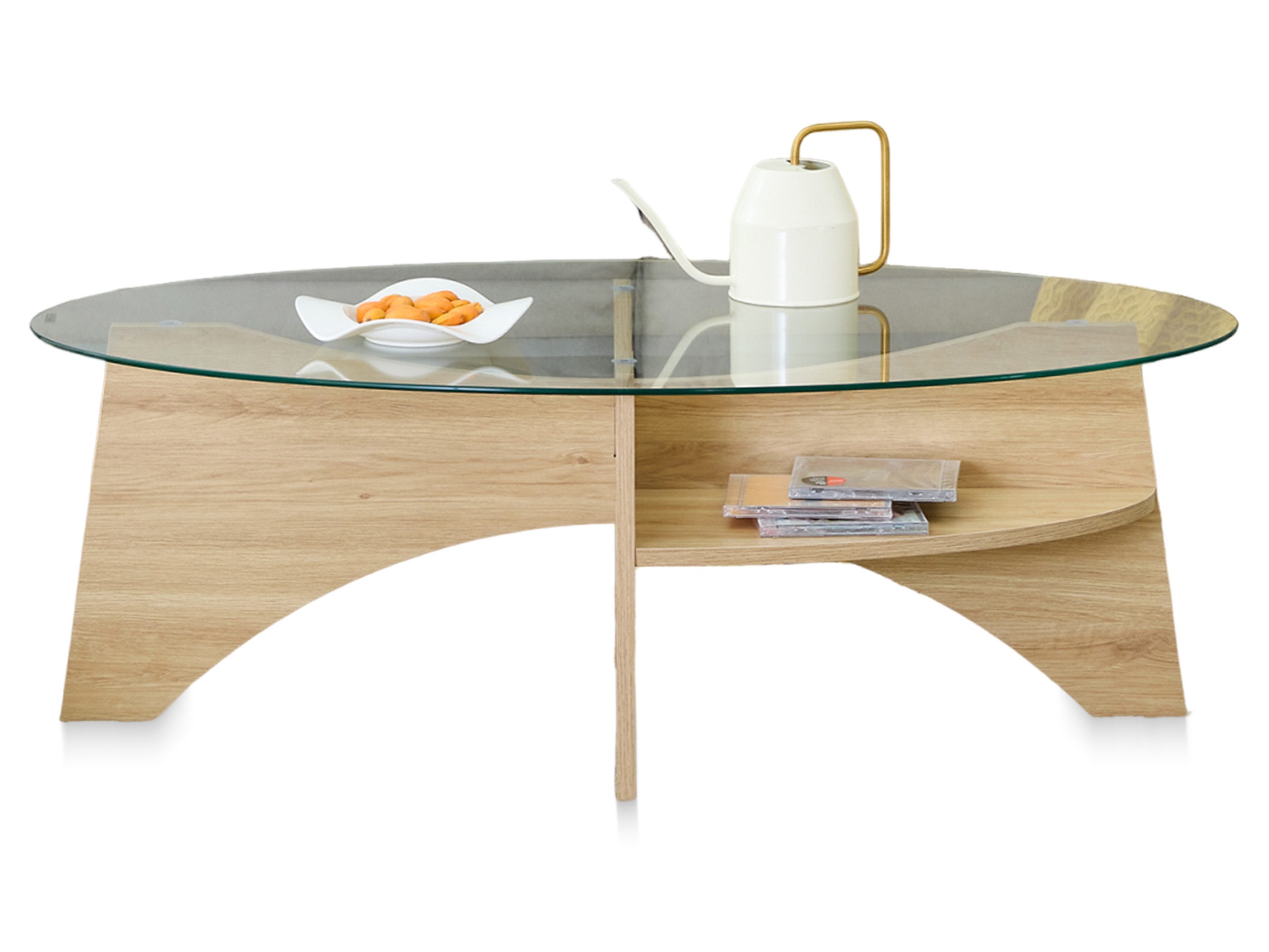 SeedWave Couchtisch Moderner Sofatisch mit 104cm Ovaler Glastischplatte, Ablageflächen, Wohnzimmertisch mit Fächerförmigem Gestell