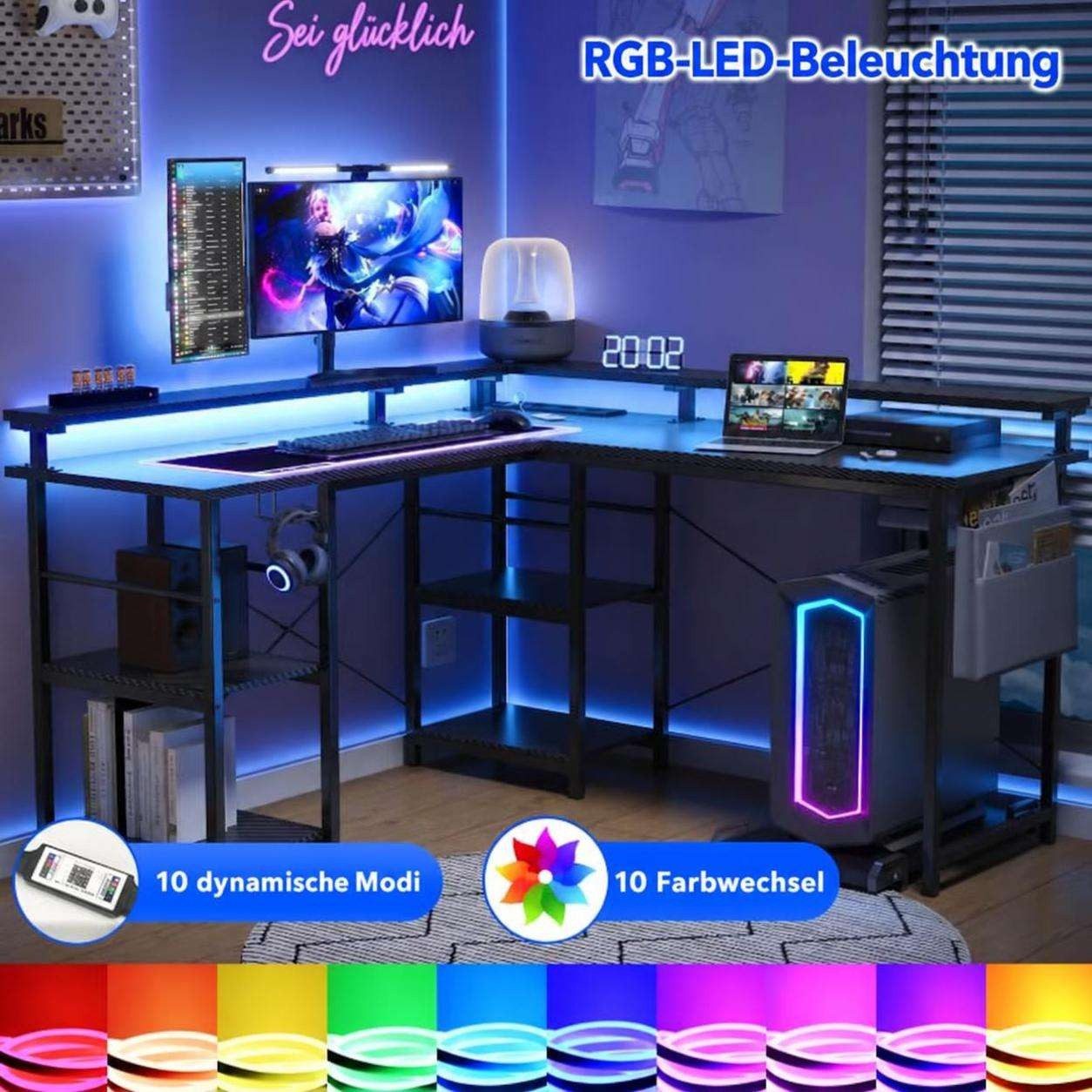 Aiorber Computertisch Aiorber-Cabrio L-Schreibtisch Schwarz mit RGB LED und Stauraum, L-förmig, umkehrbarer Aufbau, Monitorständer, Kopfhörerhaken – Bild 5 von 5