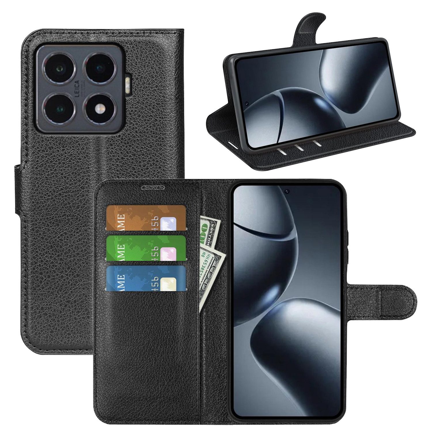 Wigento Smartphone-Hülle Für Xiaomi 15T Pro Kunstleder Flip Book Wallet Tasche Hülle Schwarz, Kunstleder Hülle mit Kartenfächern und Standfunktion