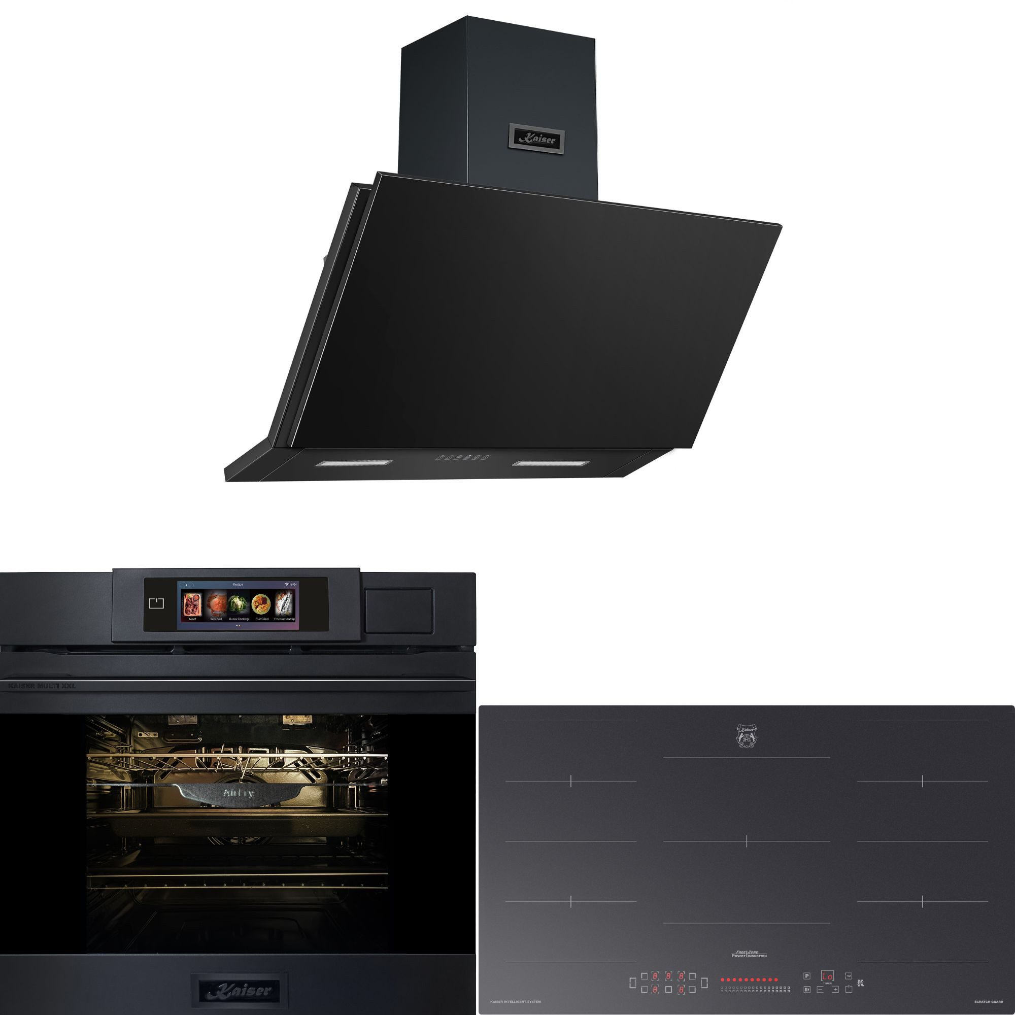 Kaiser Küchengeräte Backofen-Set Herd Set Autark XXL Multi 37,Multifunktions-Elektro-Dampfbackofen mit Dampfreinigung, 60 cm+Induktions Kochfeld Autark Herd Power Booster 90 cm Anti Scratch/ matt+Dunstabzugshaube 90cm 1250m³/h Schwarzes Metall EH 6341+KCT 9110 FI+AT 9455 NS, mit 1-fach-Teleskopauszug