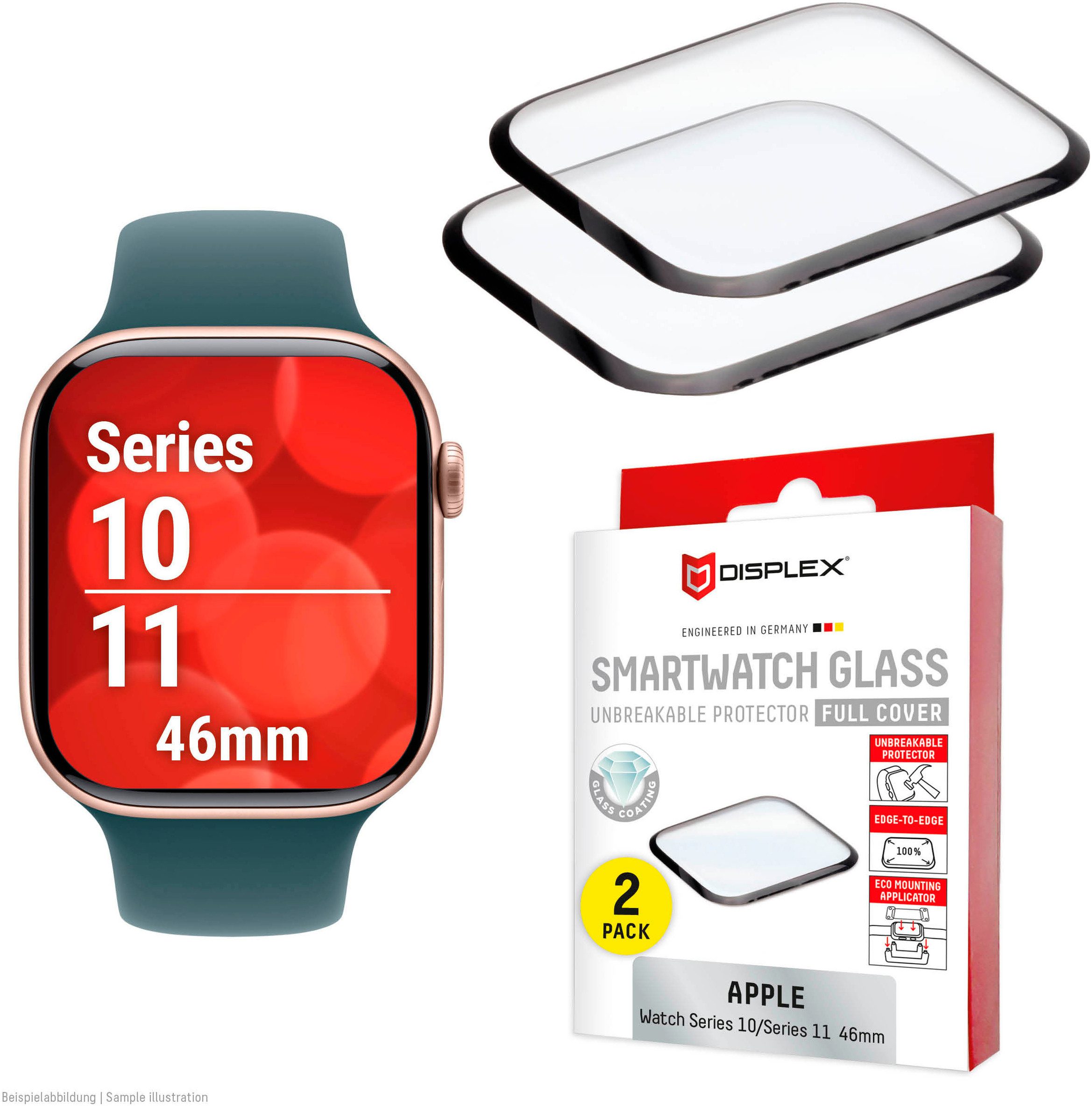 Displex Displayschutzglas Smartwatch Glass Unbreakable Protector Full Cover für Apple Watch Series 10 46 mm, Apple Watch Series 11 46 mm, Packung, Displayschutzfolie, Schutzfolie, Bildschirmschutz, kratz- & stoßfest