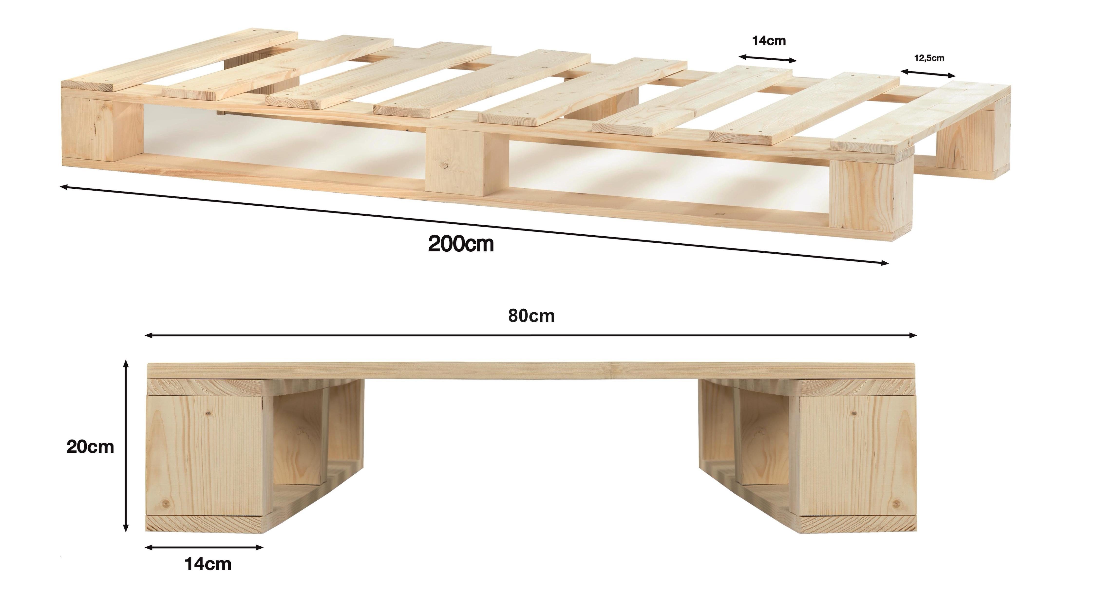 sunnypillow Palettenbett Massivholzbett 80 90 100 120 140 160 180 200 220 240 x 200 cm, 80x200 cm Natur