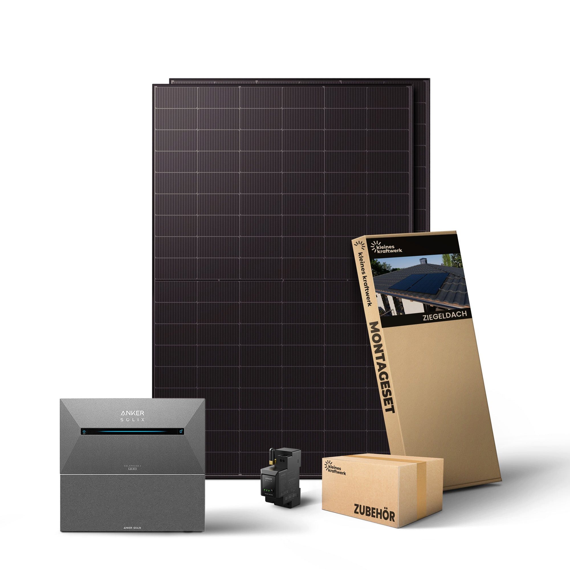 Kleines Kraftwerk Balkonkraftwerk, 1000 W, Monokristallin, (Ziegeldach, 0% MwSt für Privatkunden - Solaranlage Komplettset mit Speicher), 2 x 500W, Anker Solarbank 2 Pro, Wechselrichter