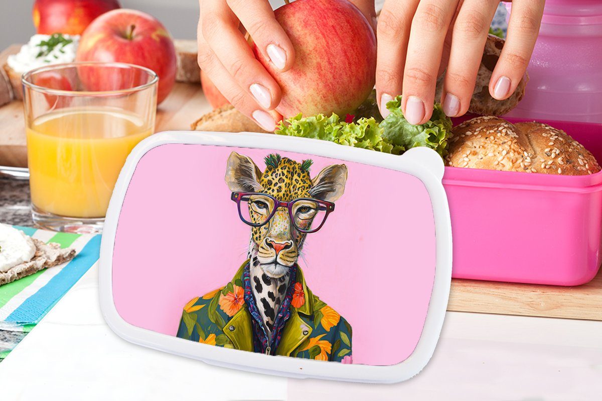 Kinder, Brotbox Kunststoff, Kunststoff rosa für Lunchbox Erwachsene, - Tiere Blumen, - Brotdose - Brille (2-tlg), MuchoWow Mädchen, Snackbox, Giraffe