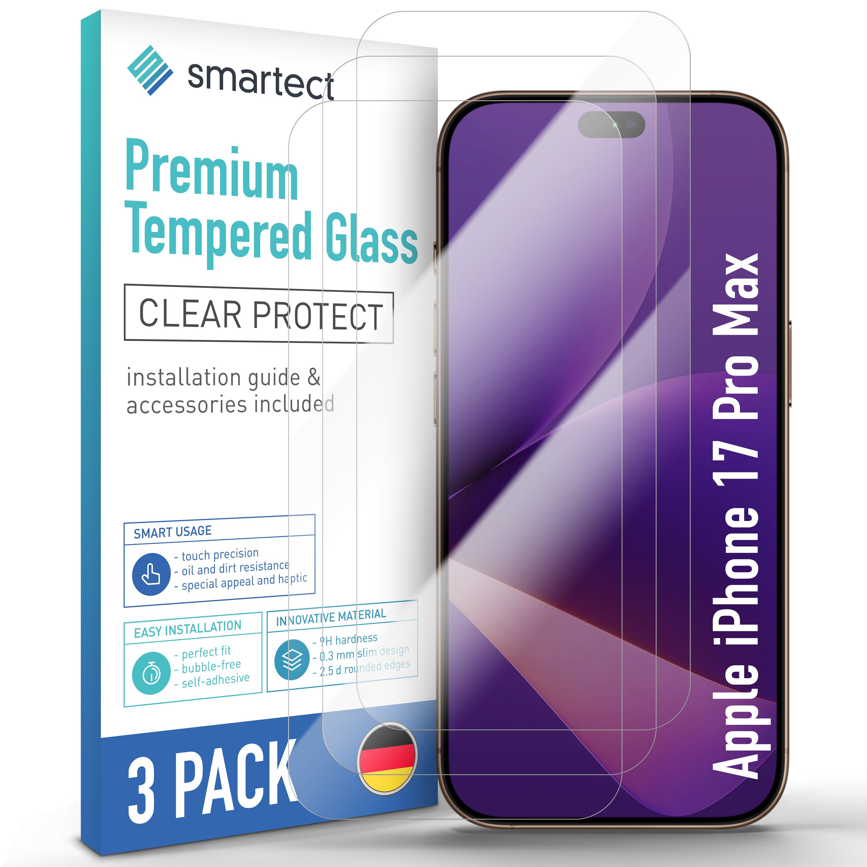 smartect Displayschutzglas 3X Schutzglas Panzerfolie Klar für iPhone 17 Pro Max für Apple iPhone 17 Pro Max, Set, 3 Stück, 0.3 mm Ultra-klar, 9H Härte, Kratzfest, Stoßfest, Blasenfrei, Oleophob