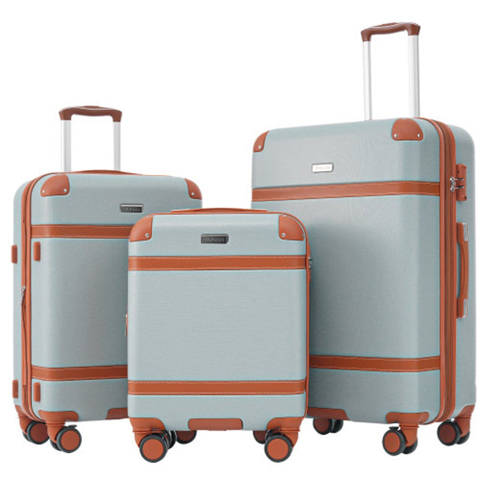 SEEZSSA Kofferset Kofferset 3-in-1-Kofferset Handgepäck Rollen, 4 ABS-Material aus Trolleyset,Kofferset hellgrün+braun