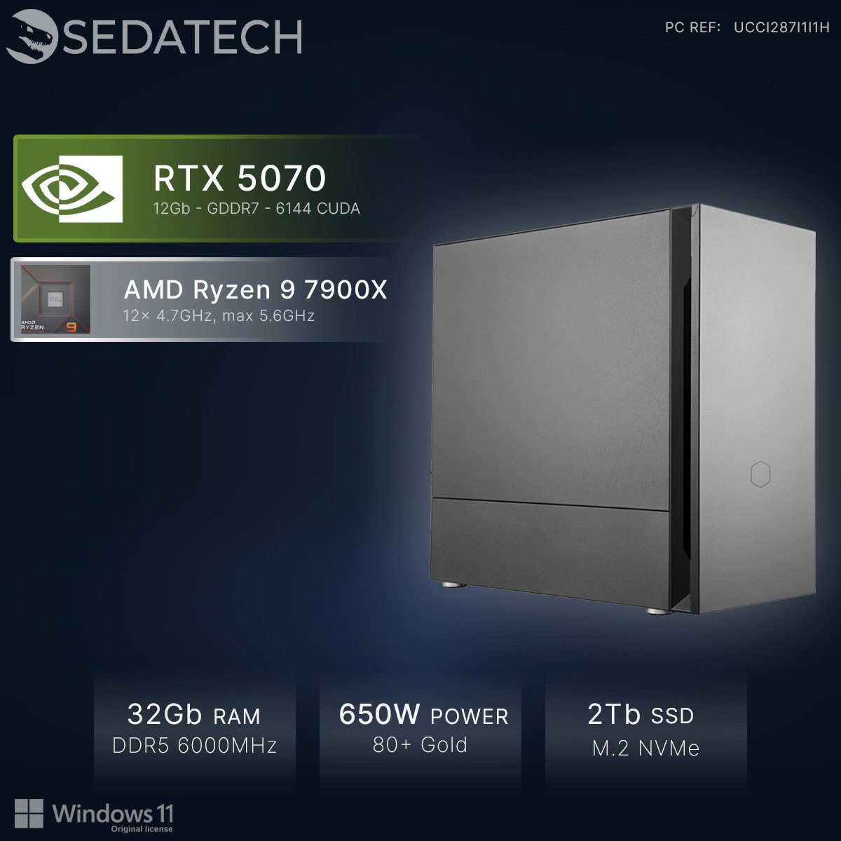 Sedatech UCCI287I1I1HF - Gaming-PC (AMD Ryzen 9 7900X 12x 4.7GHz (max 5.6GHz), Geforce RTX5070 12GB, 32 GB RAM, 2000 GB SSD, Wlan 6E)