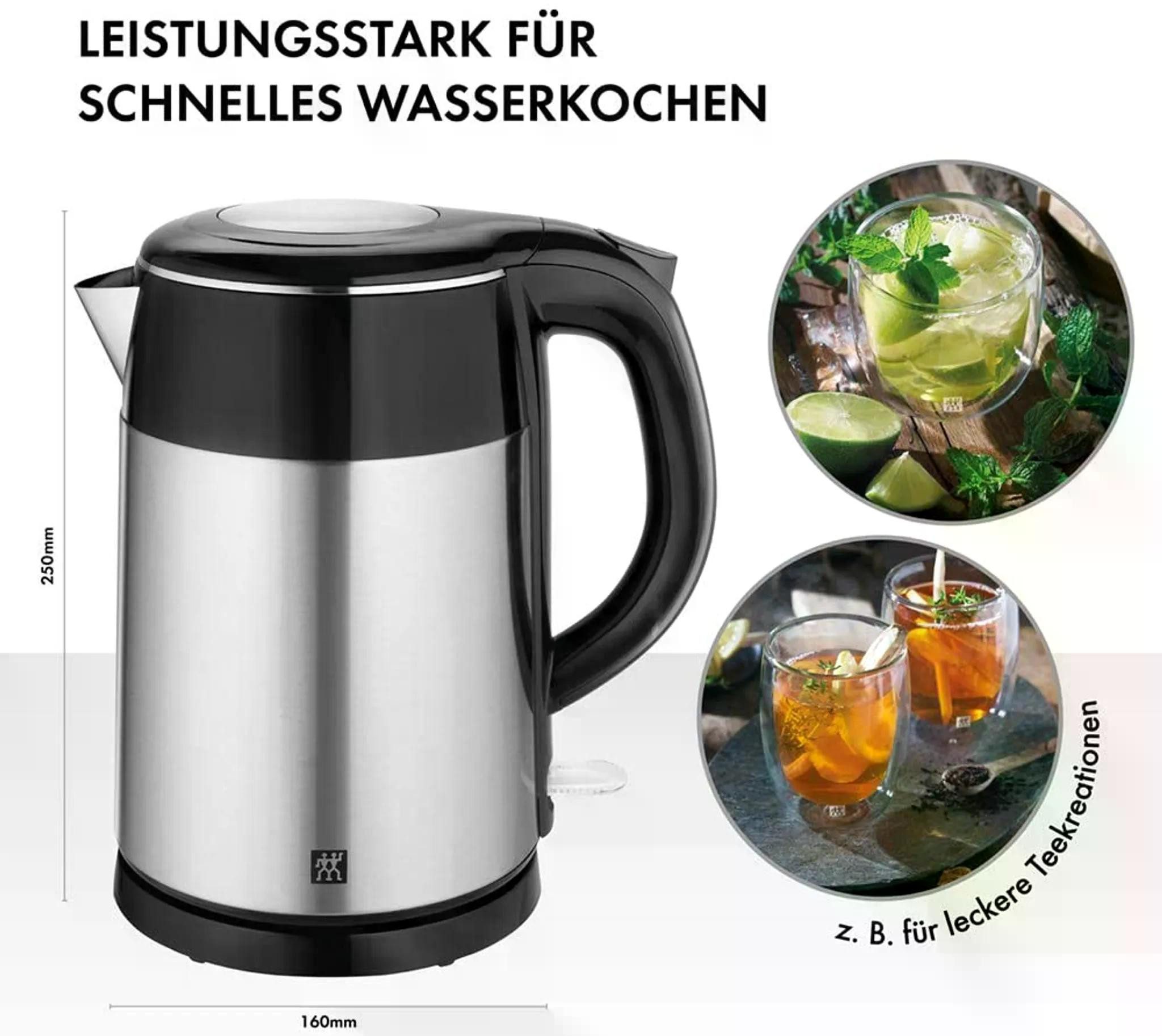 Zwilling Wasserkocher Wasserkocher 1,25 l Edelstahl Schwarz/Silber 1850 W Doppelwandgehaeuse