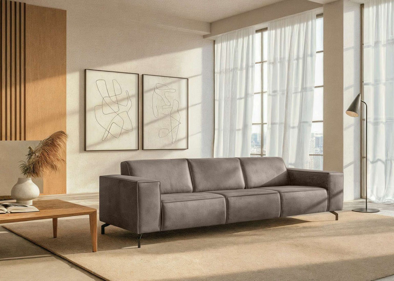 Home affaire 3-Sitzer Lorcan 257 cm, weiches Sitzgefühl, mit schwarzen Metallfüßen, Lederoptik und in weichem Strukturstoff