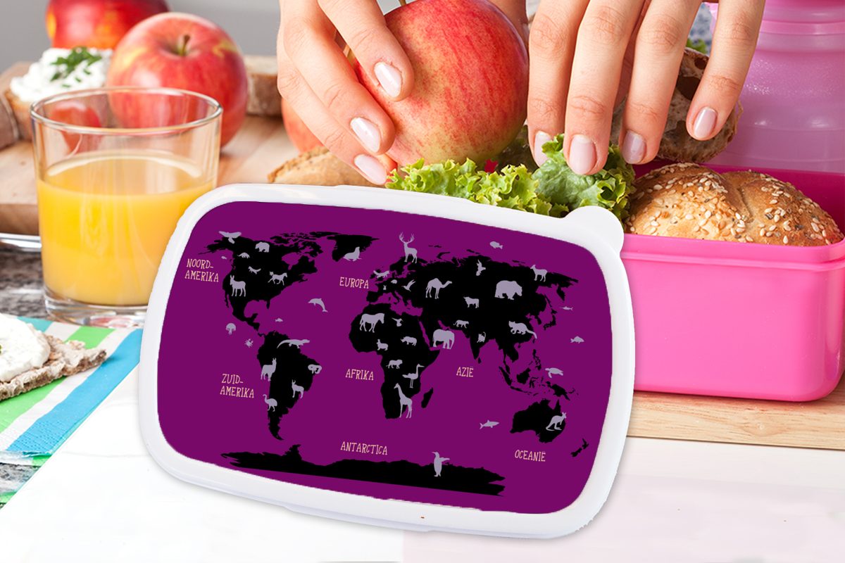 Weltkarte Erwachsene, Kunststoff, Lunchbox (2-tlg), - Brotbox Kinder, Mädchen, rosa MuchoWow Kinder Mintgrün, Kunststoff für Snackbox, - Tiere Brotdose
