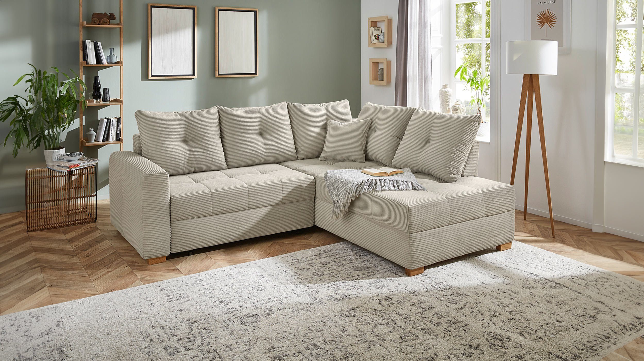 Massivart® Ecksofa HEIDELBERG in Cordbezug grau-beige / 228 cm, Cordsofa, Bettfunktion, Bettkasten, Holzfüße