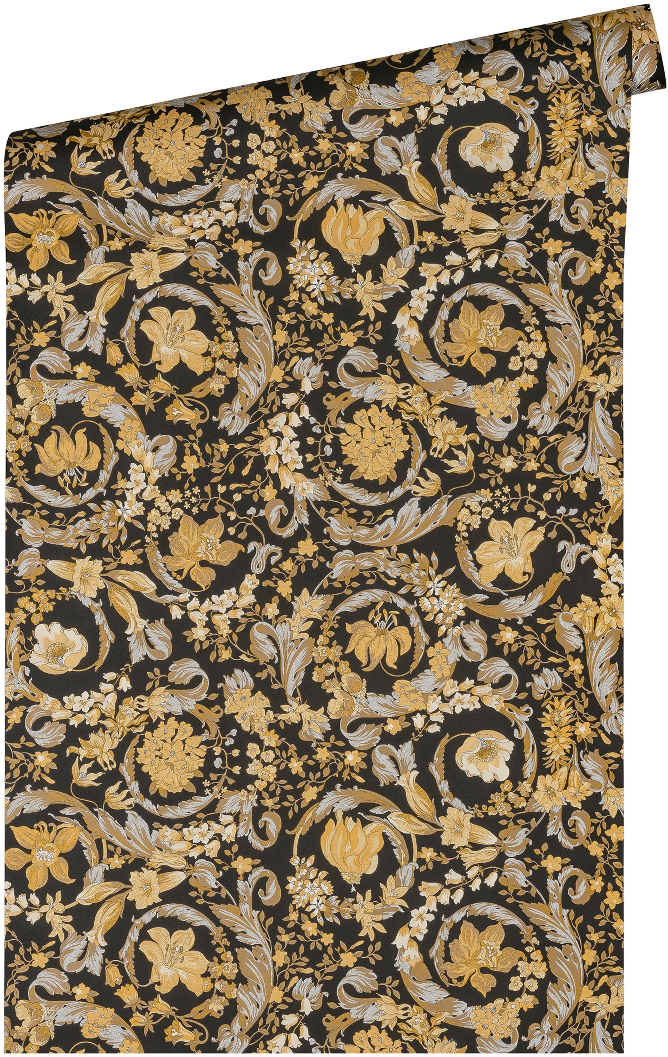 Versace Vliestapete Wallpaper Designertapete Floral, goldfarben/schwarz strukturiert, glänzend, St), leicht 5 Versace (1 leicht