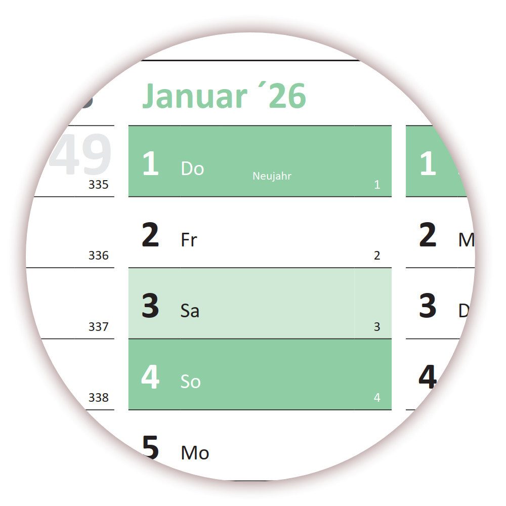 LYSCO Wandkalender Green Wandplaner 2026 / 2025 + 2026 gefaltet DIN A2 (420 x 594 mm), Darstellung 14 Monate mit Jahresvorschau Folgejahr, und Ferientermine / Feiertage aller Bundesländer