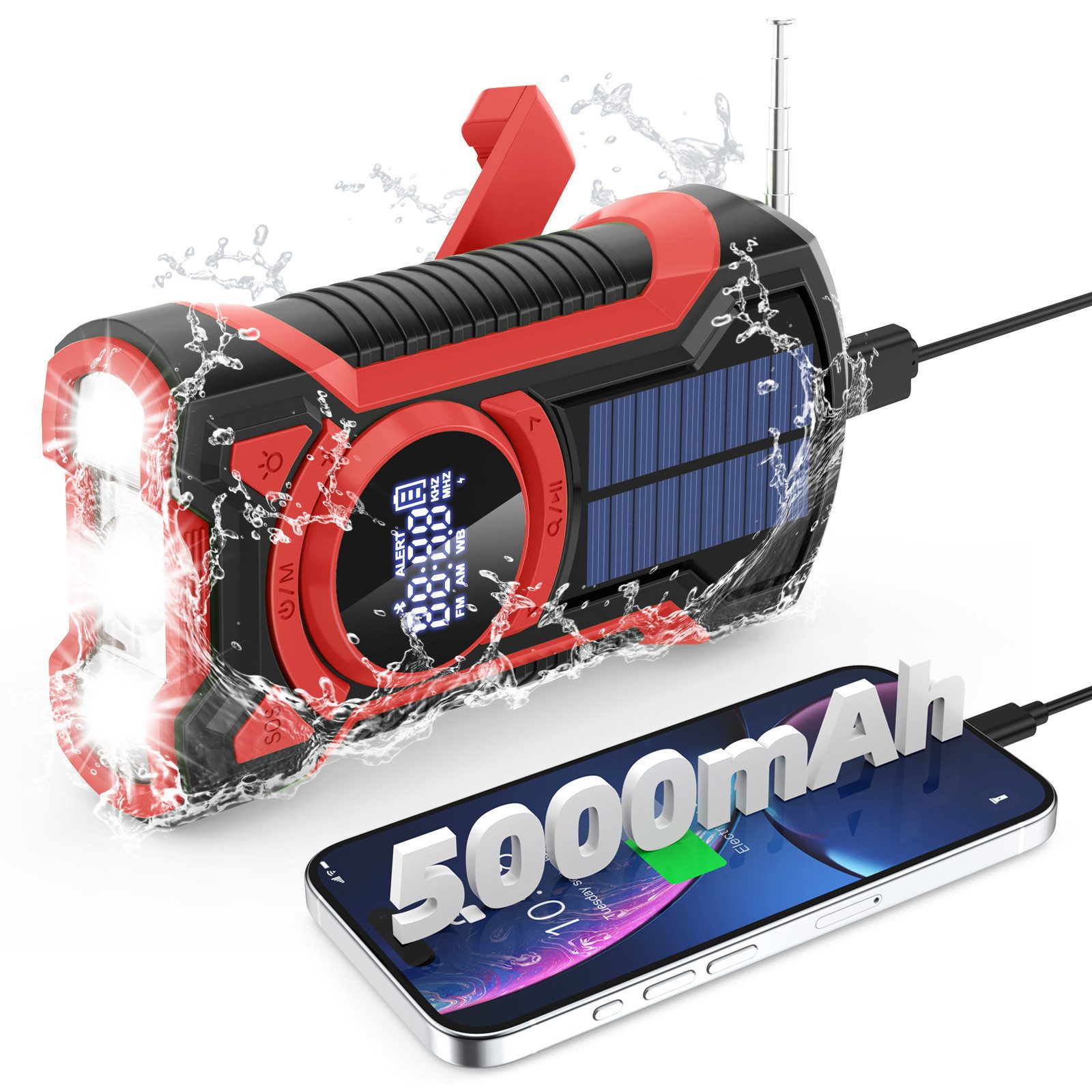 Toomoke Radio, Notfall-Solarradio, IP65 Wasser-/Staubdicht, Stoßfest Radio (5000 mAh Notstromakku + SOS-Alarm + NOAA-Wetterstationen Empfang, + Handkurbel + Solarenergie + Bluetooth-Lautsprecher)