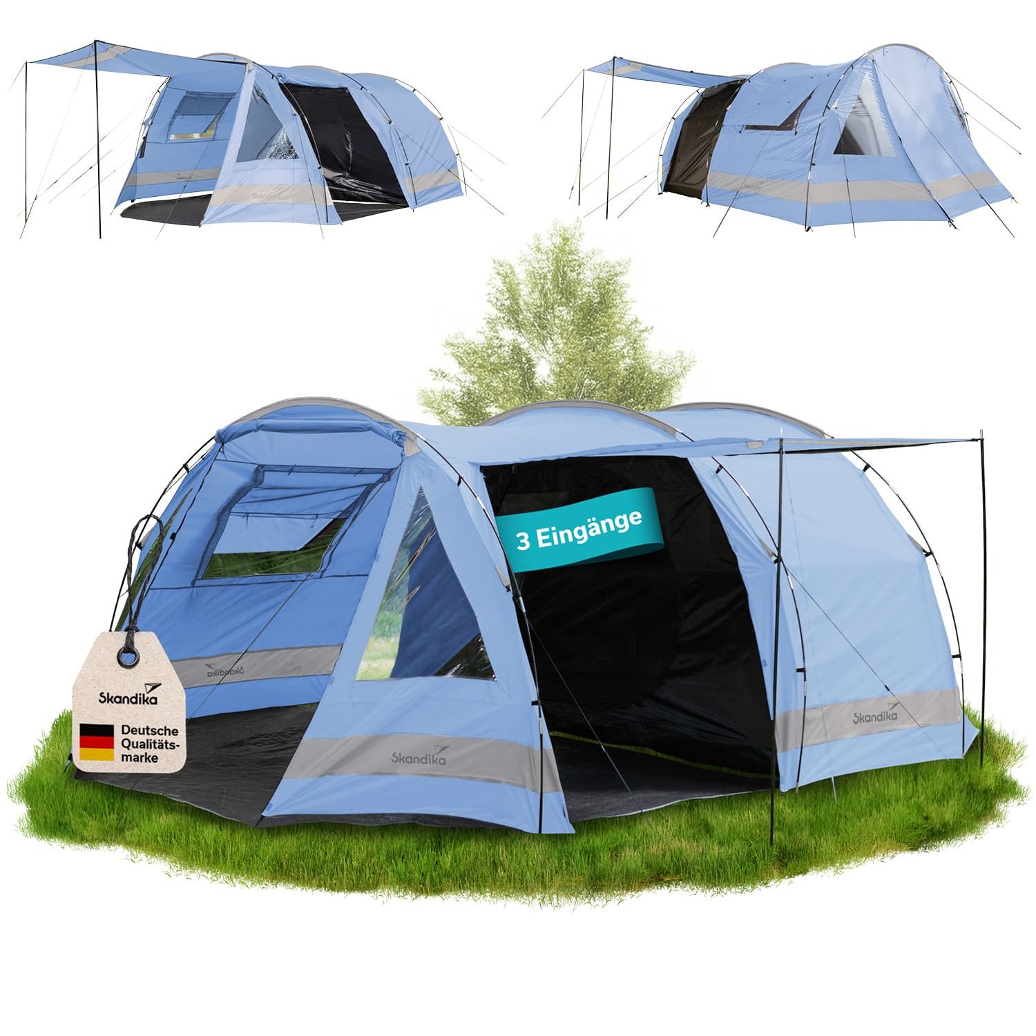 Skandika Tunnelzelt Campingzelt, Familienzelt, Kambo 6, 2 m Stehhöhe, Sonnendach, Personen: 6, Wasserdicht, 3000 Wassersäule, Moskitonetz an Schlafkabine und Fenster