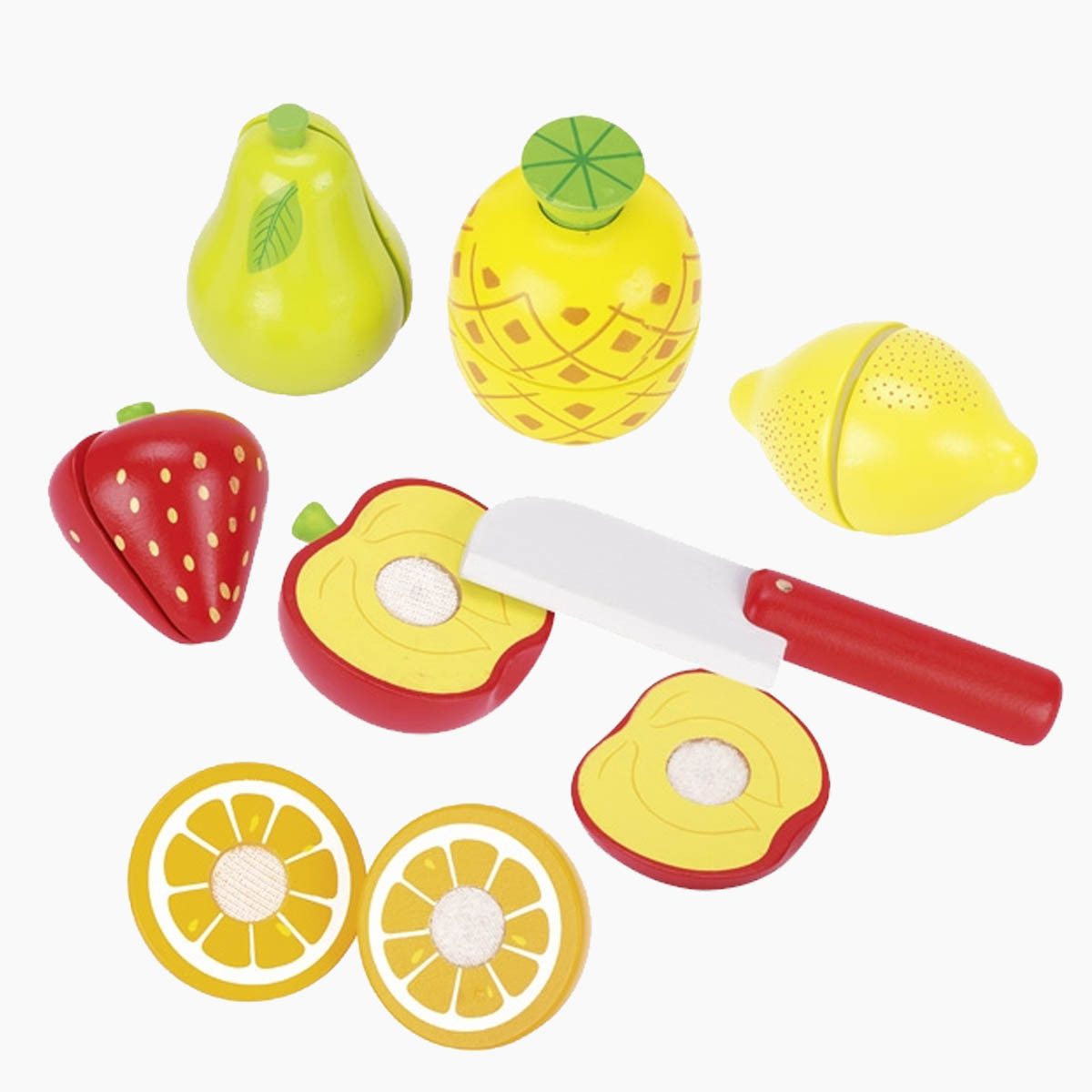 goki Kinder-Rührgerät Obst mit Klettverbindung, (sparset, 13-tlg., mit kiste), Klettpunkte halten die Frucht zusammen