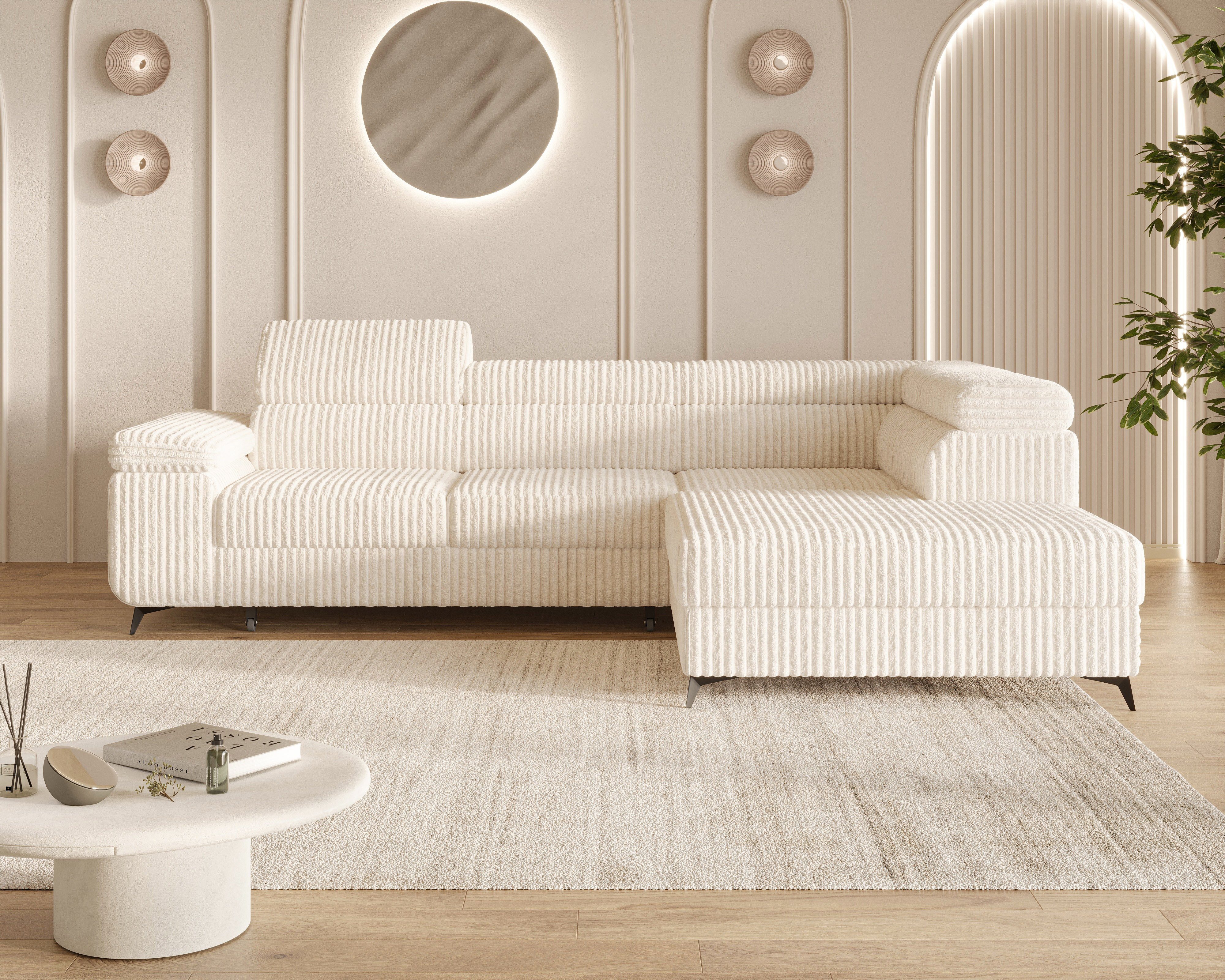 MOEBLO Ecksofa OSTIN, 290 cm – Modernes L-Sofa mit Schlaffunktion, Bettkasten und verstellbaren Kopfstützen, Cord oder Strukturstoff, - (BxHxT): 290 x 75–90 x 202 cm
