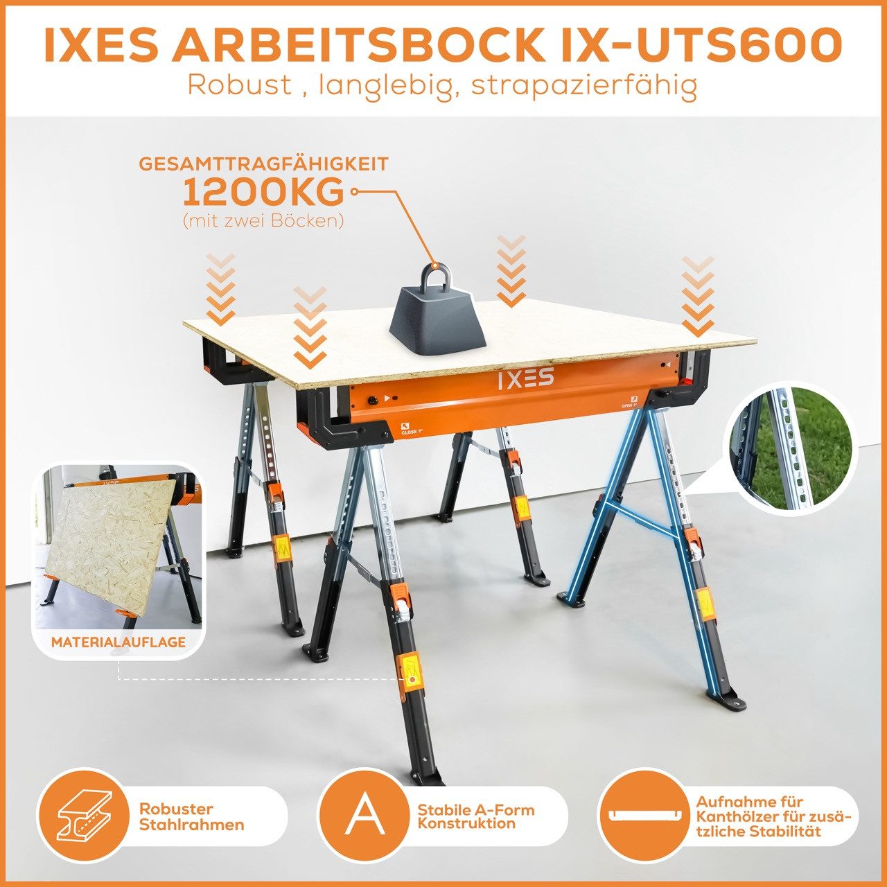 Scheppach Sägebock IXES Arbeitsbock Sägebock Unterstellbock Gerüstbock Klappbock 600 kg, 600 kg max. Belastbarkeit, (1-St)