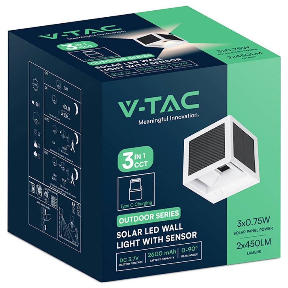 V-TAC Außen-Deckenleuchte VT-408CCT-W Solar-Außenwandleuchte mit Bewegungsmelder LED 9 W Weiß, Akkubetrieb, Mit Sensor