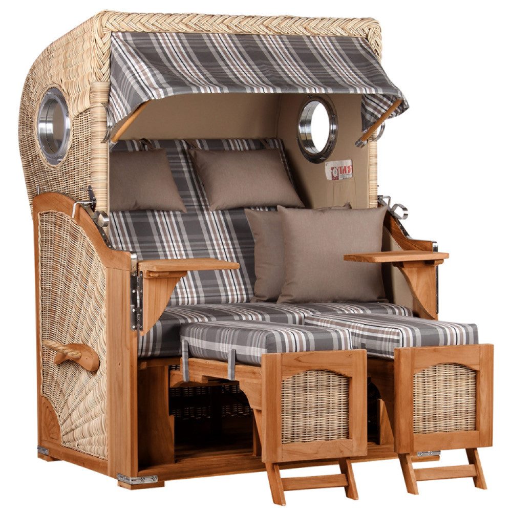 MR.DEKO Strandkorb Strandkorb Düne Volllieger Teak PE Shell -Geflecht Bullaugen 2-Sitzer, BxTxH: 125x80x170 cm, Ostsee-Strandkorb, (Premium-Strandkorb für Garten, Terrasse & Balkon), Aufgebaut geliefert, mit Schwenktischen, Edelstahlbeschläge, Lifter