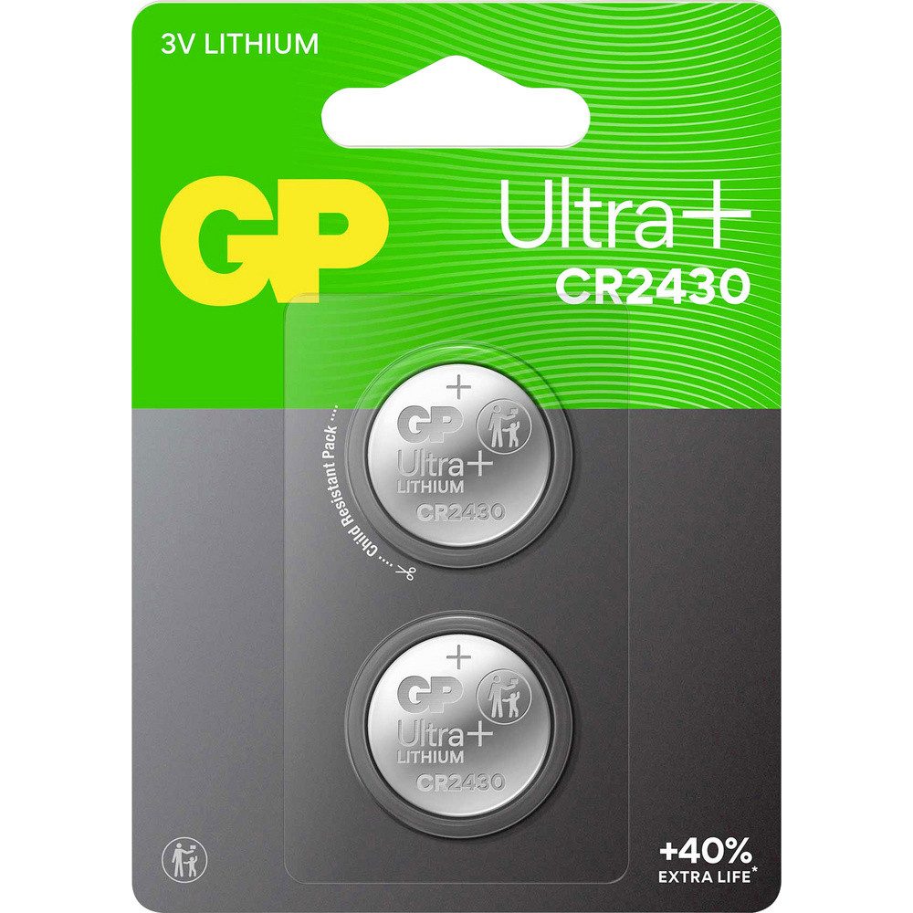 Gp GP Knopfzelle CR 2430 3 V 2 St. 300 mAh Li-MnO2 GP Ultra Plus Batterie Knopfzelle, (3.00 V)
