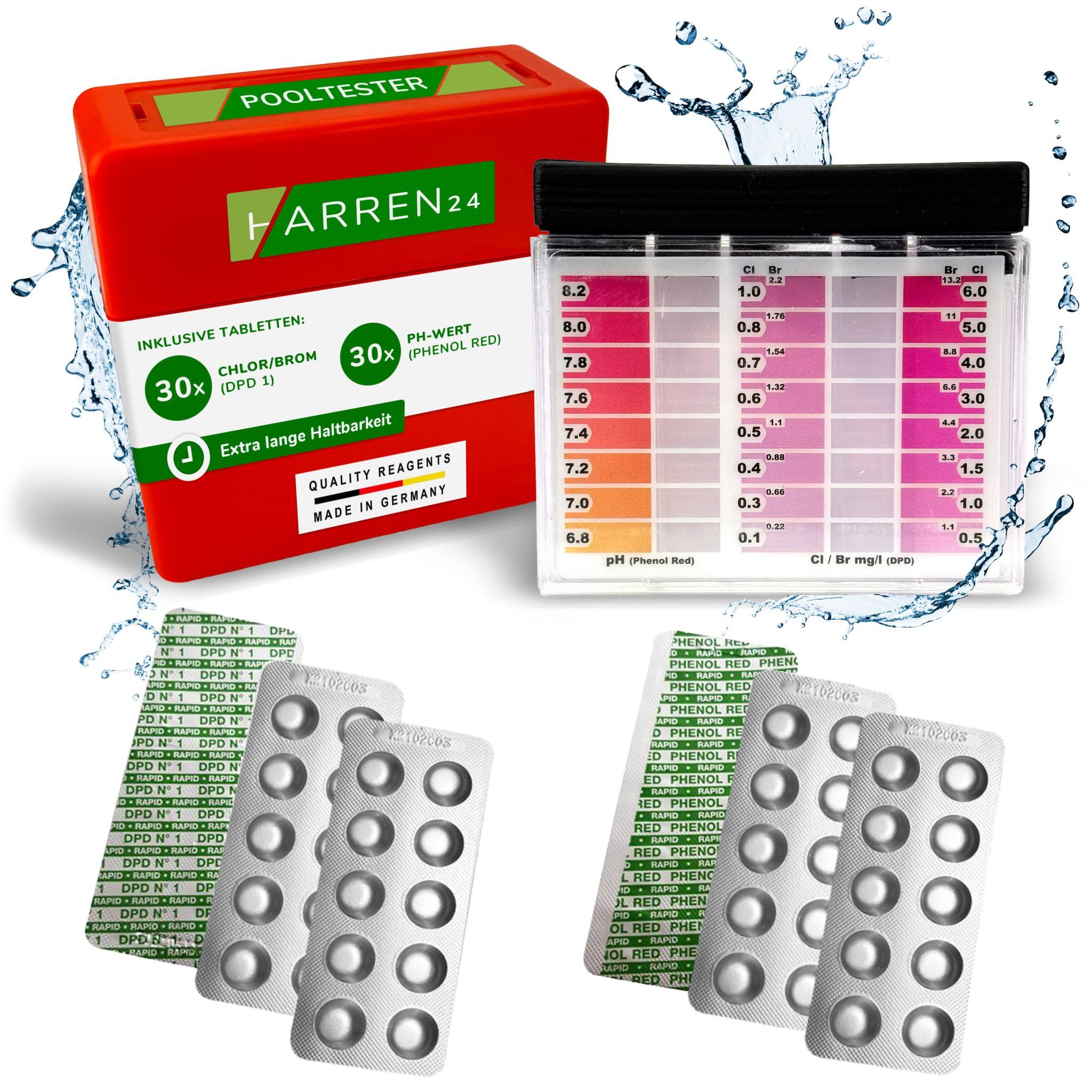 harren24 pH-Messgerät Wassertest-Kit pH/Chlor Messung – Schütteltester inkl. 60 Tabletten, Testkit mit Schütteltester und Tabletten