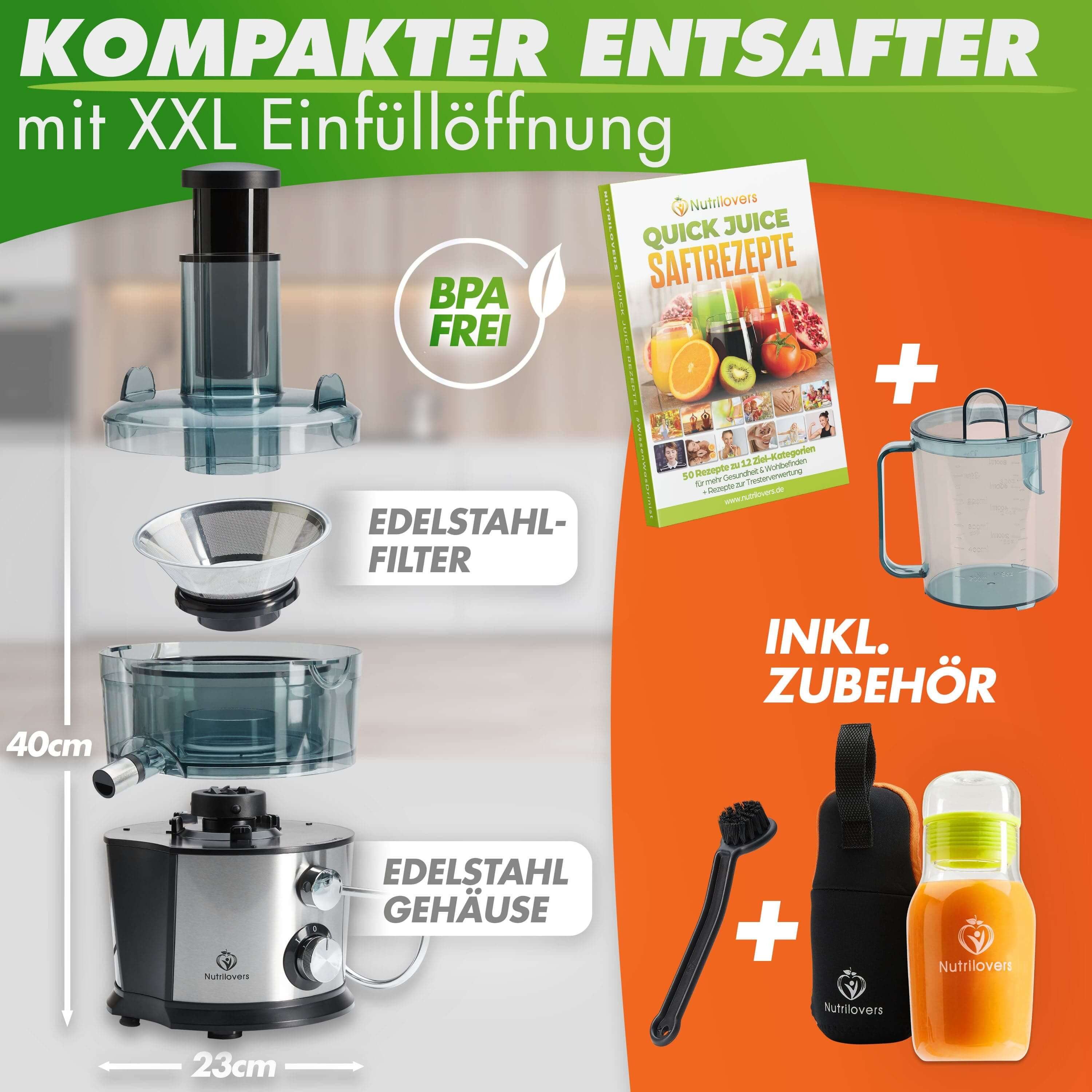 Nutrilovers Zentrifugenentsafter XXL Zentrifugenentsafter - Vitaminreiche Säfte - Edelstahl-Entsafter, 800 W