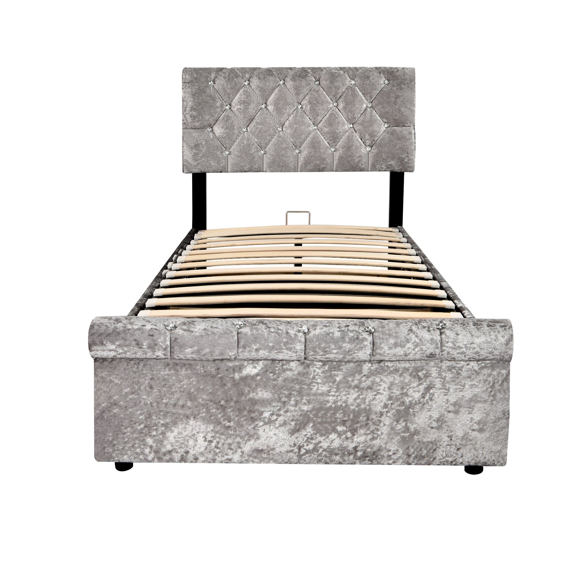 Boxspringbett (Einzelbett 90 x 200 cm, Polsterbett mit kristall schnalle, Lattenrost und Bettkasten), Hydraulisches Bett Funktionsbett mit höhenverstellbar Kopfteil, Samt