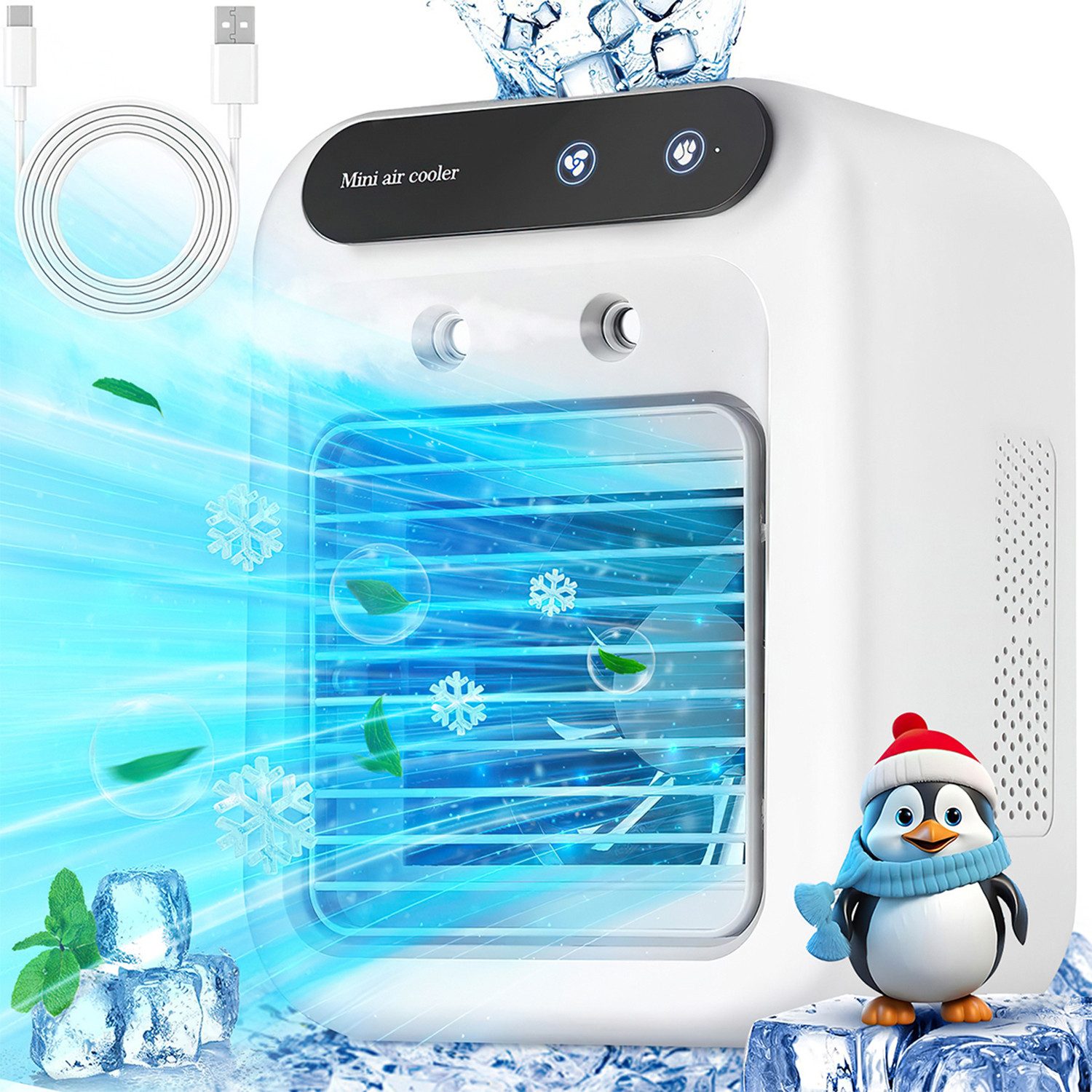 MOPUEA Ventilatorkombigerät Tragbarer Luftkühler Klimaanlage Luftbefeuchter, 500ml Wassertank für lange Nutzung