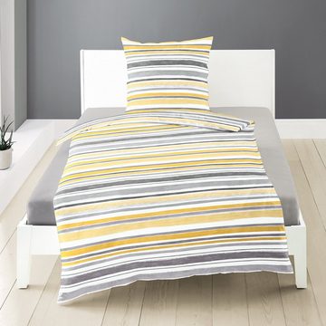Bettwäsche Baumwolle, Traumschloss, Satin, 3 teilig, mit Streifen in gelb, grau