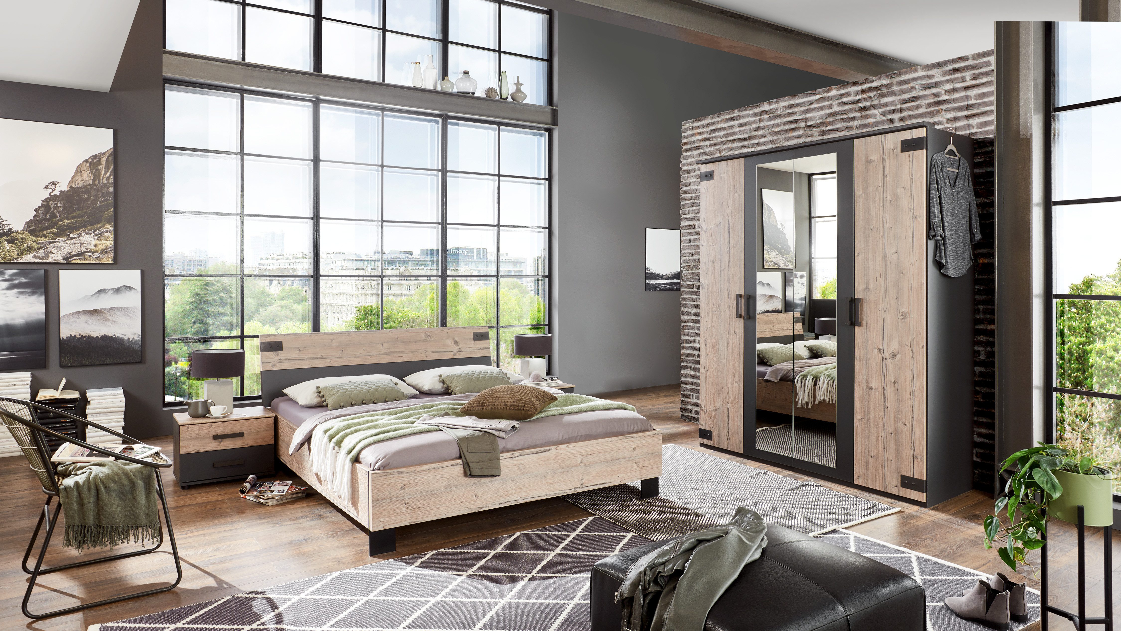 möbel-direkt.de Komplettschlafzimmer Malmö in Silver Fir und Grafit, (Komplett-Set, 4-tlg., in unterschiedlichen Schrankbreiten erhältlich), Made in Germany, mit Spiegel