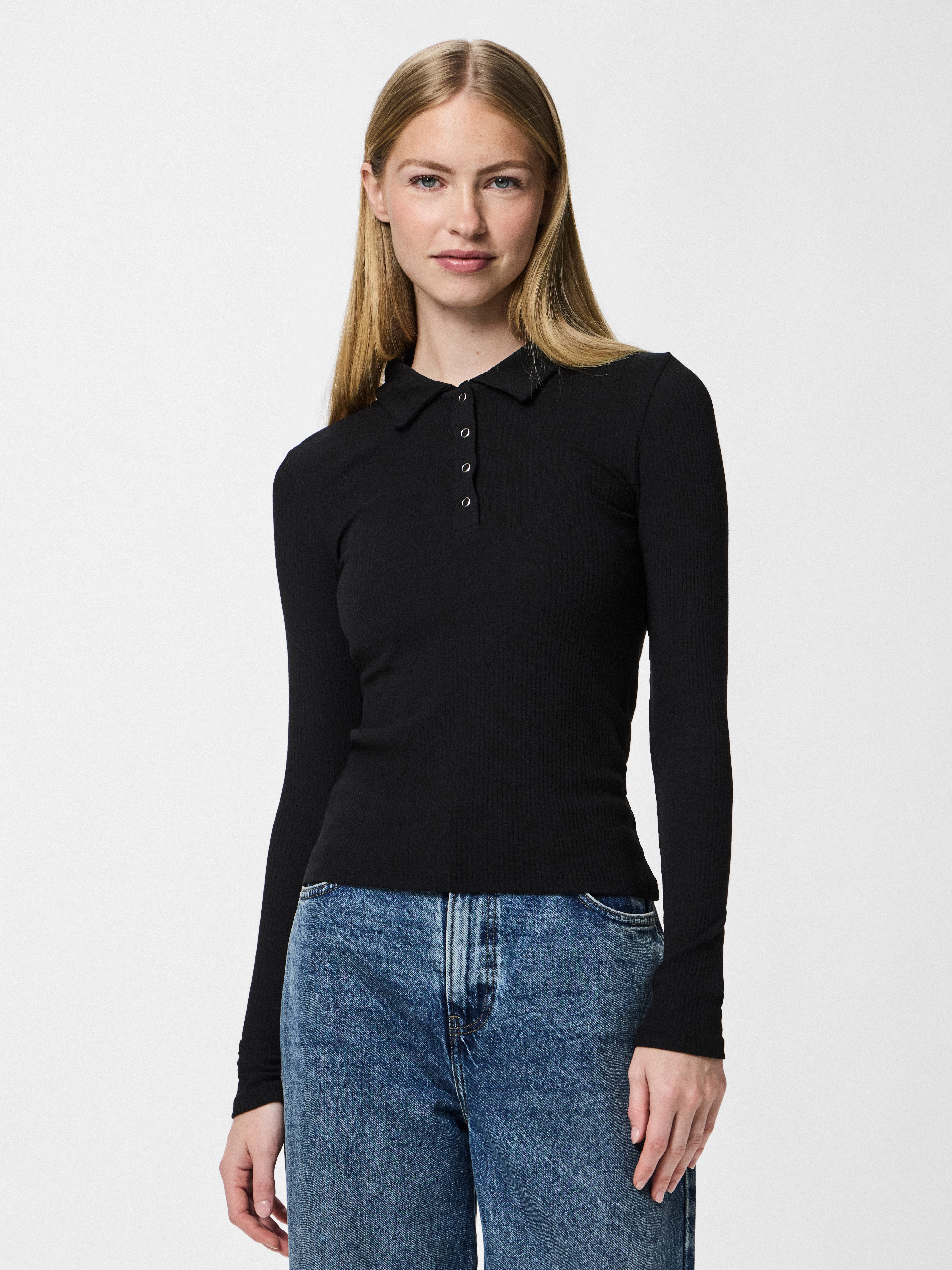 pieces Langarm-Poloshirt PCKITTE LS POLO TOP JRS NOOS mit gerippter Struktur