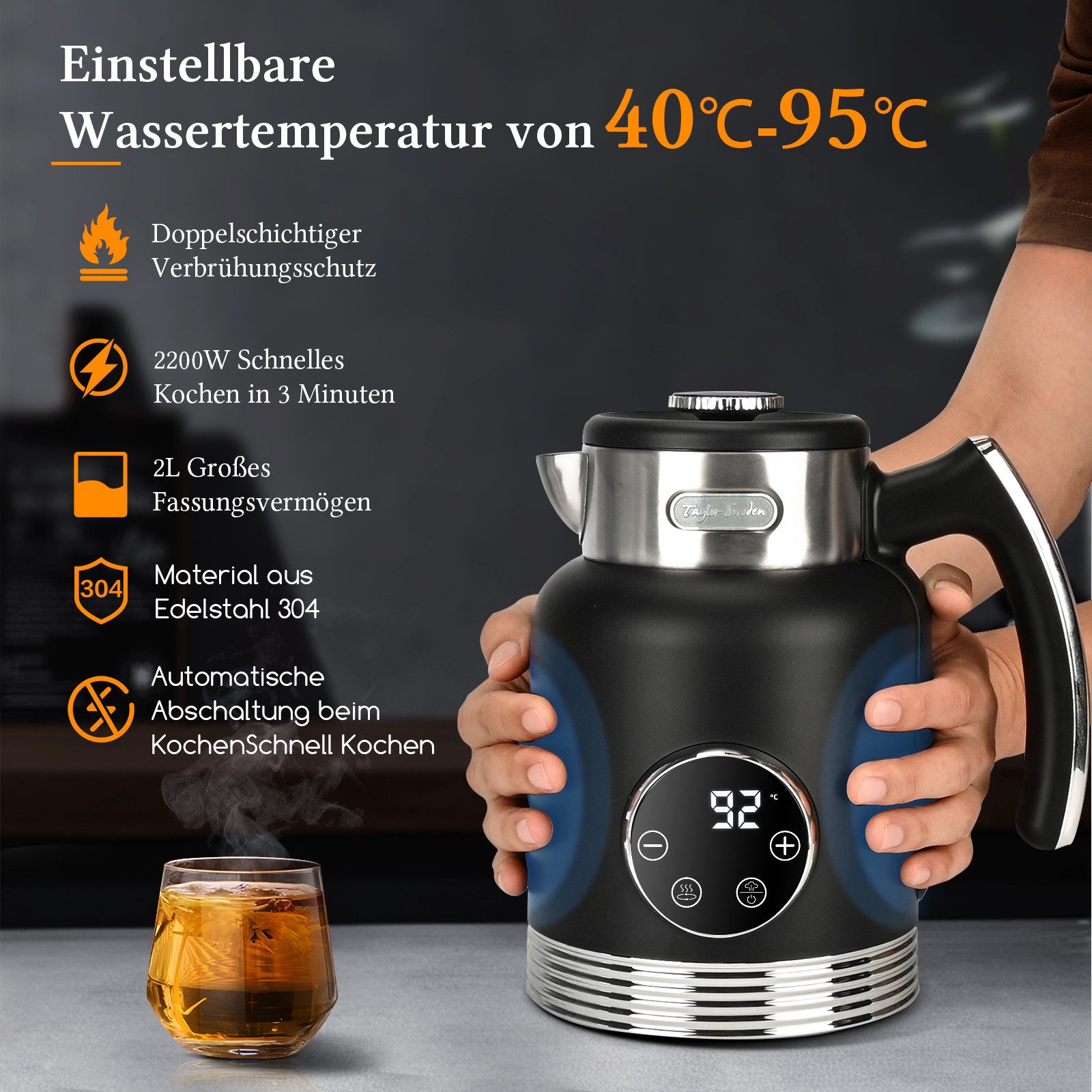 Taylor Swoden Wasserkocher Temperatureinstellung, 2200 W, 1,7 L/2L, Warmhaltefunktion, Edelstahl, 2 l, 2200,00 W, 5 Temperaturstufen, Digitale LED-Anzeige, Auto – Bild 2 von 5