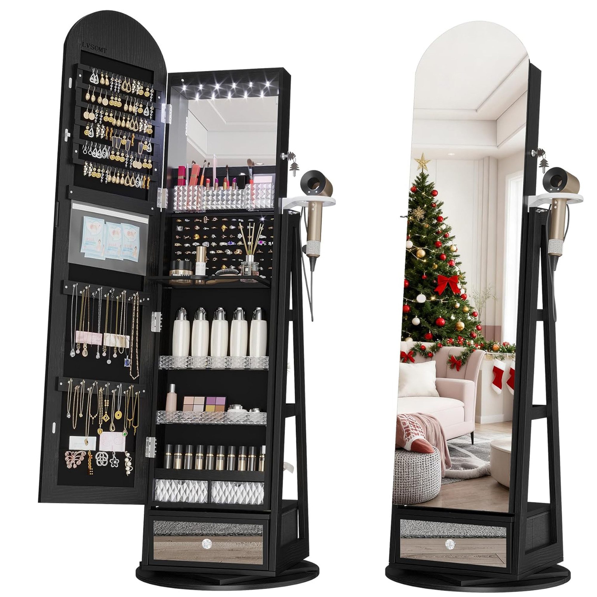 LVSOMT Schmuckschrank 360° Drehbar, LED Bogen Schmuckschrank mit Spiegel, 1 günstig online kaufen