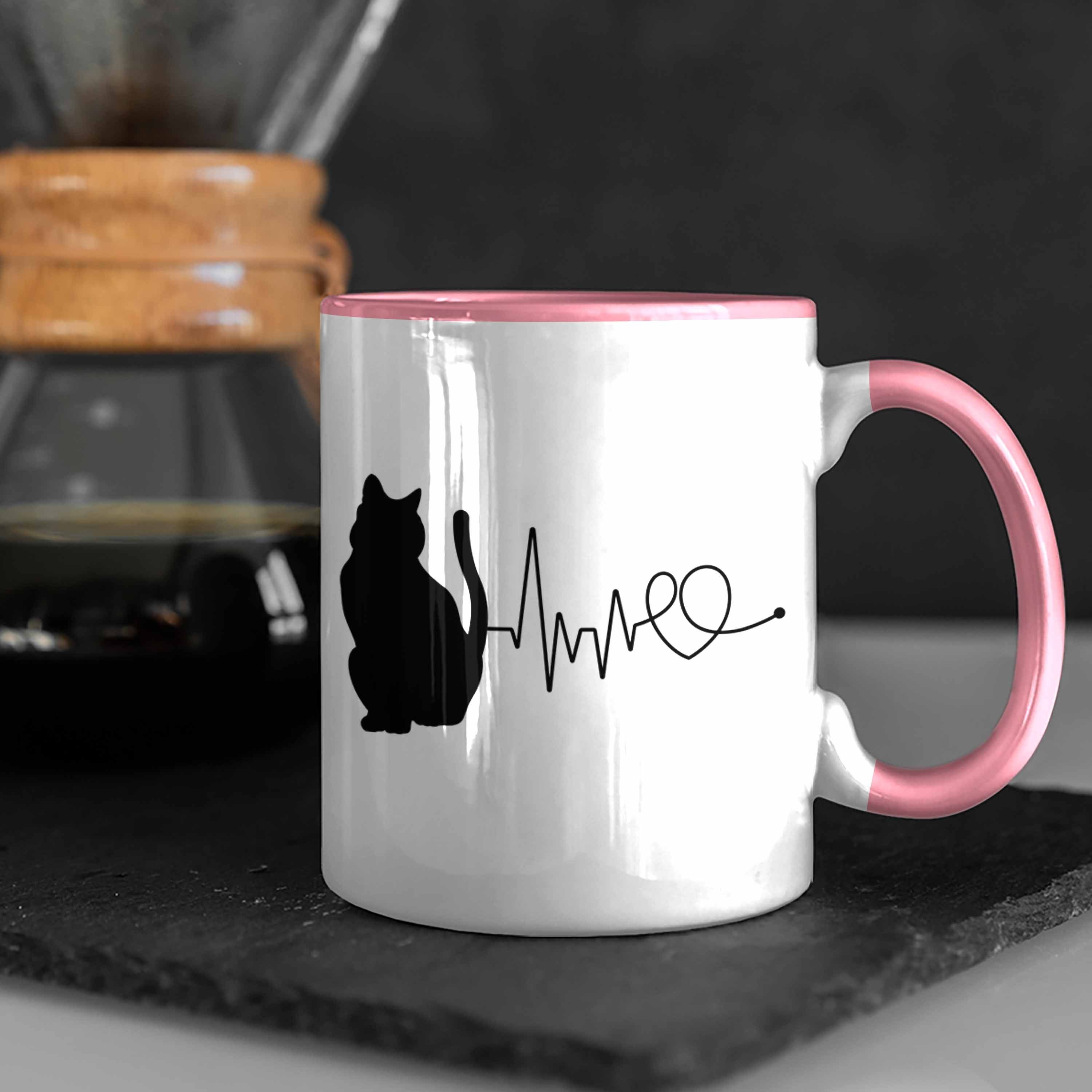 Trendation Tasse Katze Herzschlag für Katzenbesitzerin Kaffee-Becher Tasse Geschenk Rosa