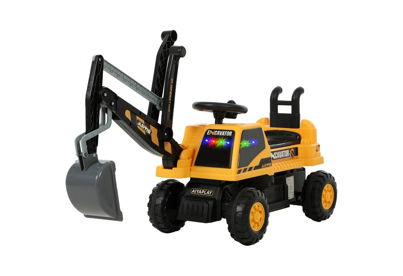 AIYAPLAY Spielzeug-Bagger Sitzbagger Lenkrad mit drehbar Aufbau verstellbar Rückenlehne, (Kinderbagger, 1-tlg., Kinder Aufsitzbagger mit Schaufel), mit Licht und Sound
