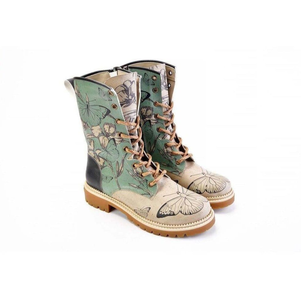 LaMarta Kniehohe Damenstiefel, Zartes Hellgrün mit Schmetterlingsmuster Schnürstiefel