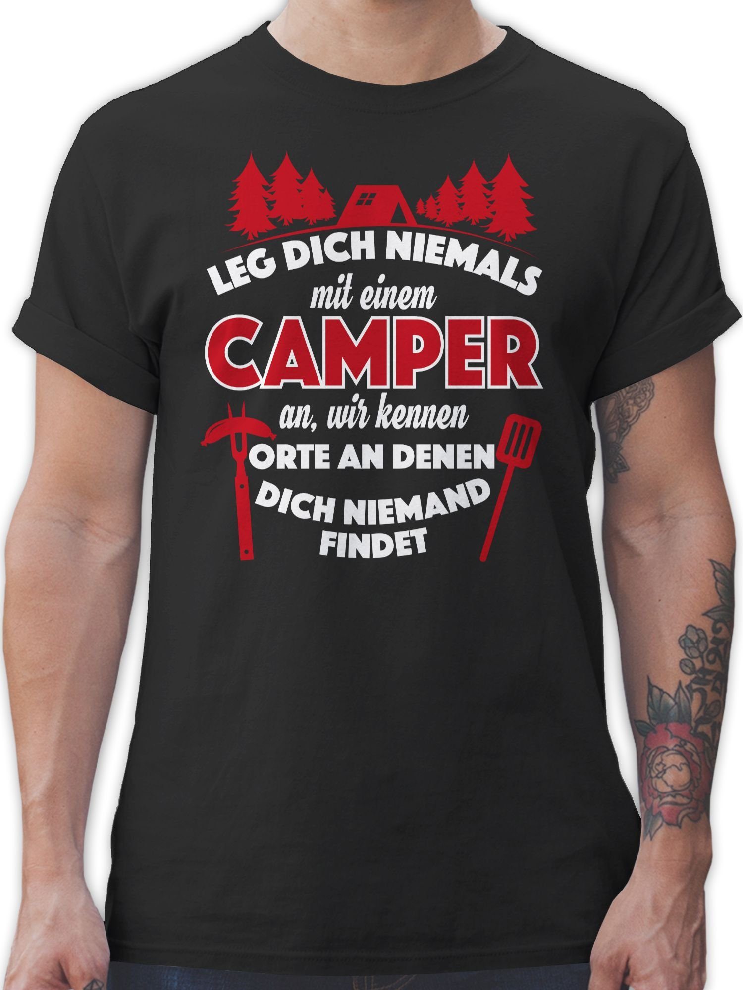 Shirtracer T-Shirt Leg dich niemals mit einem Camper an Hobby Outfit 01 Schwarz