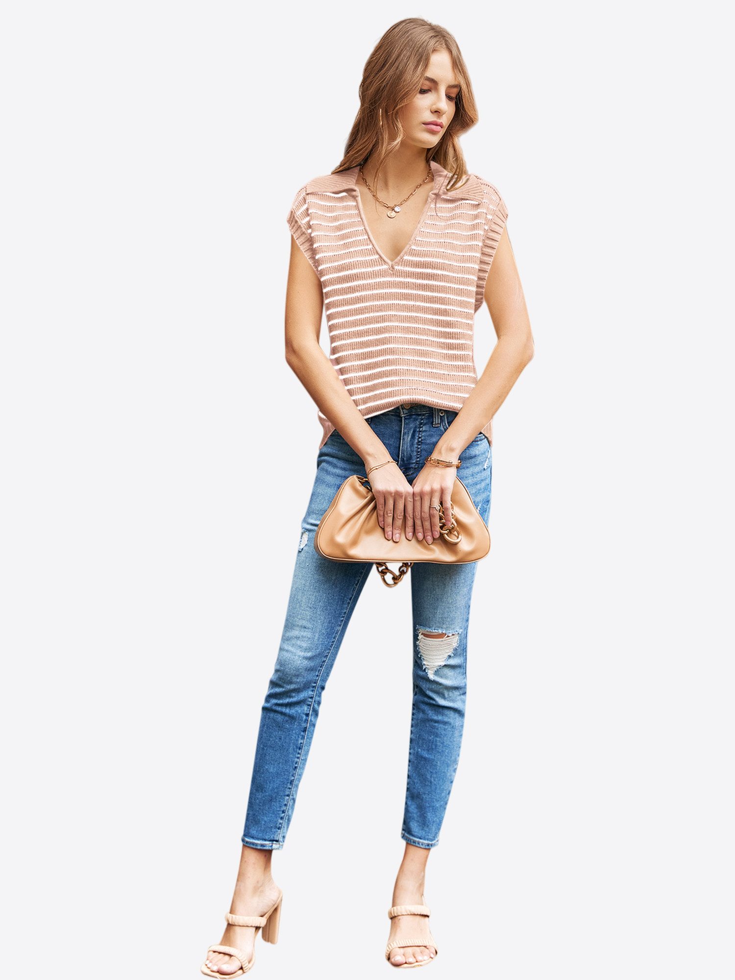 Imily Bela Stricktop Damen Sommer Gestreift Kragen V-Ausschnitt Kurzarm Top (Packung, 1-tlg., 1per-Pack) gehäkelt