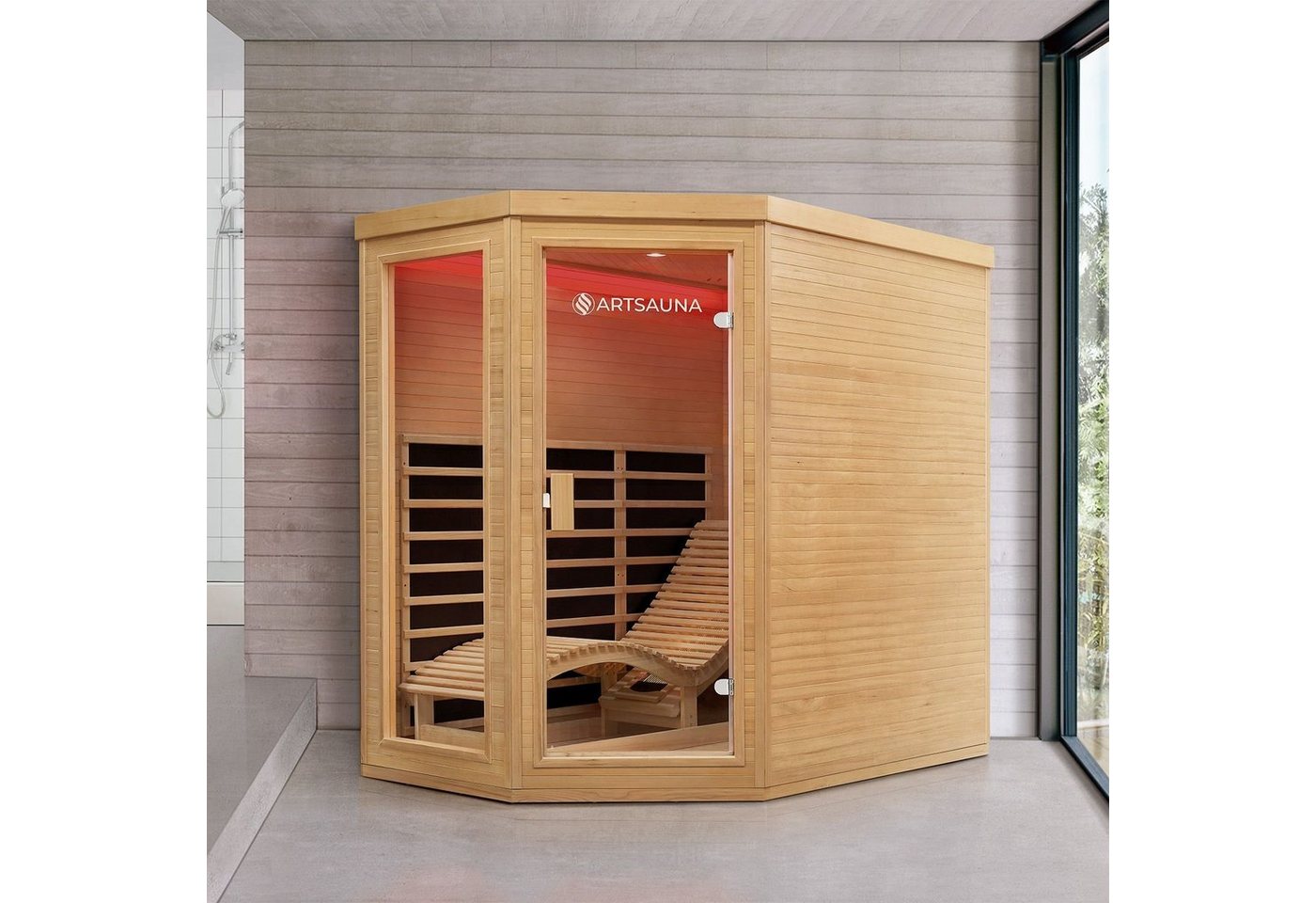 Thumbnail - Artsauna Infrarotkabine Kolding Triplex-Heizsystem, für 2 Personen, Hemlock-Holz, Ionisator, HiFi-System, LED-Farblicht
