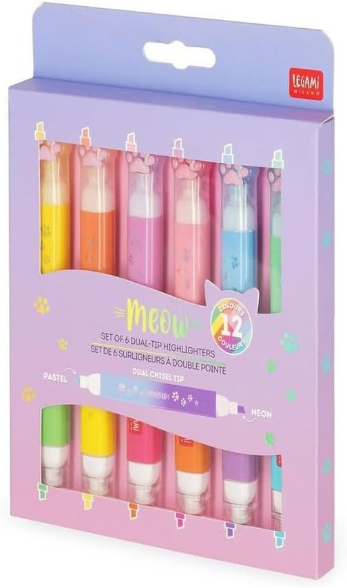Legami Federmäppchen Meow Textmarker Set 6 Doppelspitze Pastell & Neon, LEGAMI